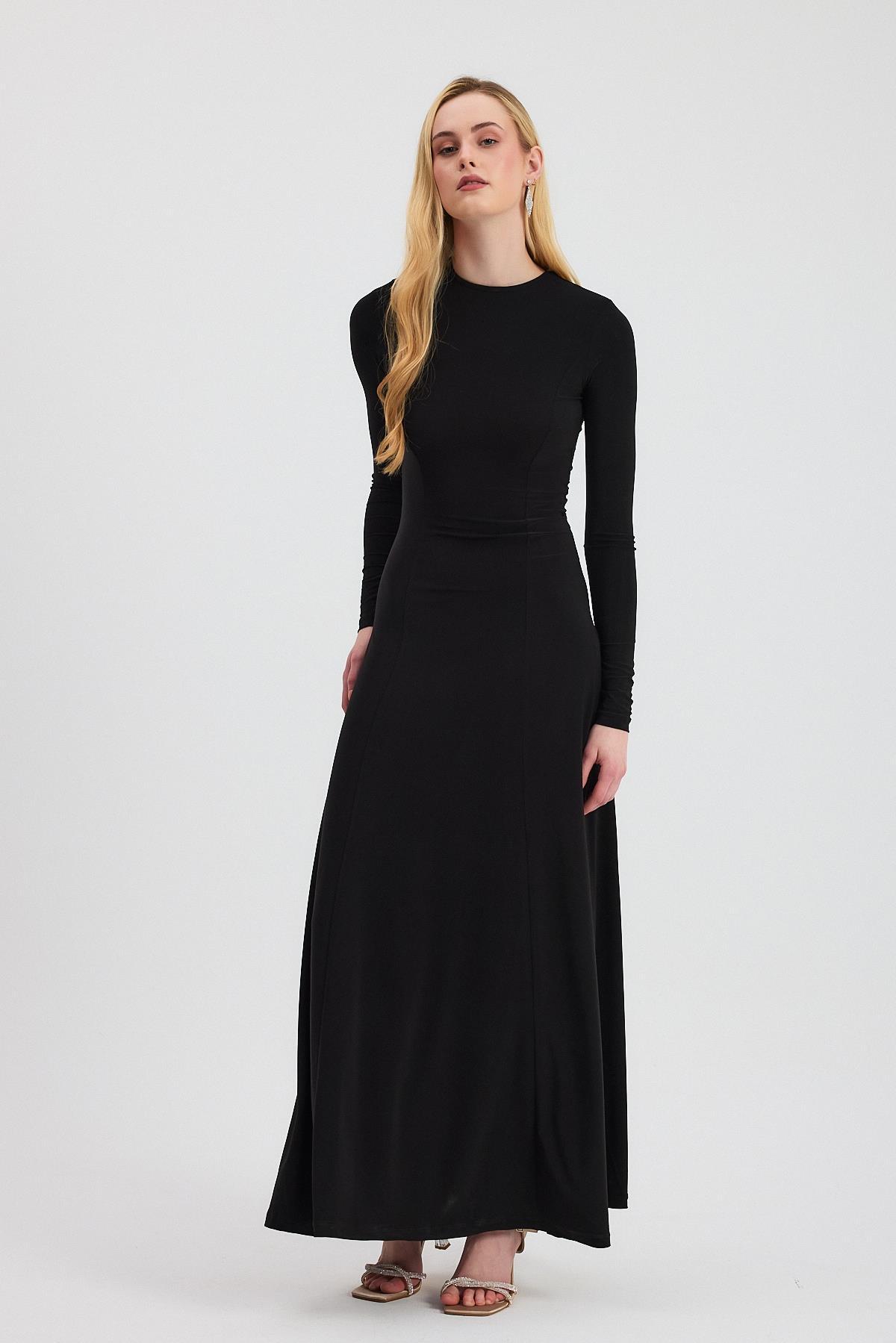 2510 Bisiklet Yaka Uzun Elbise Siyah - RAYS