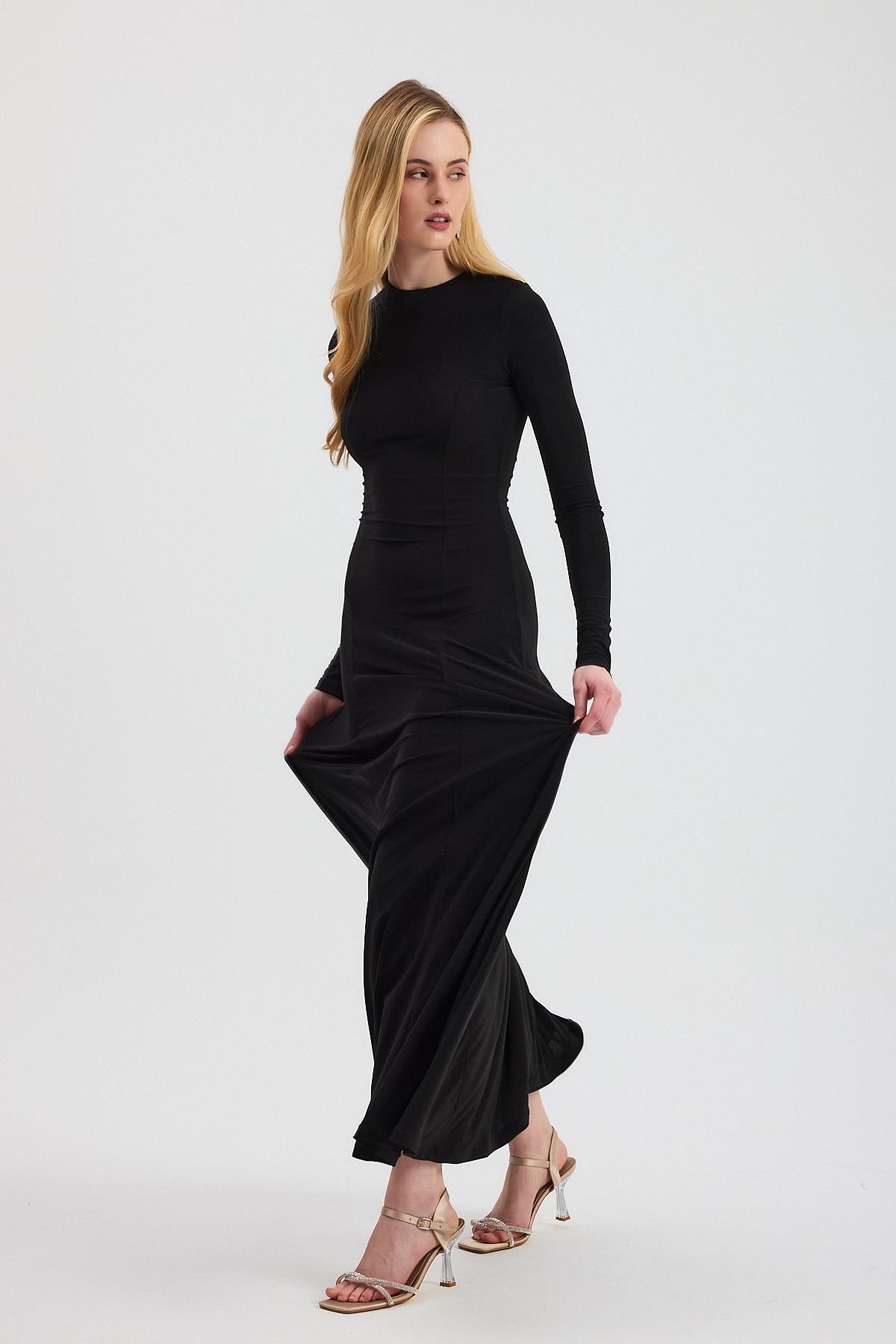 2510 Bisiklet Yaka Uzun Elbise Siyah - 1