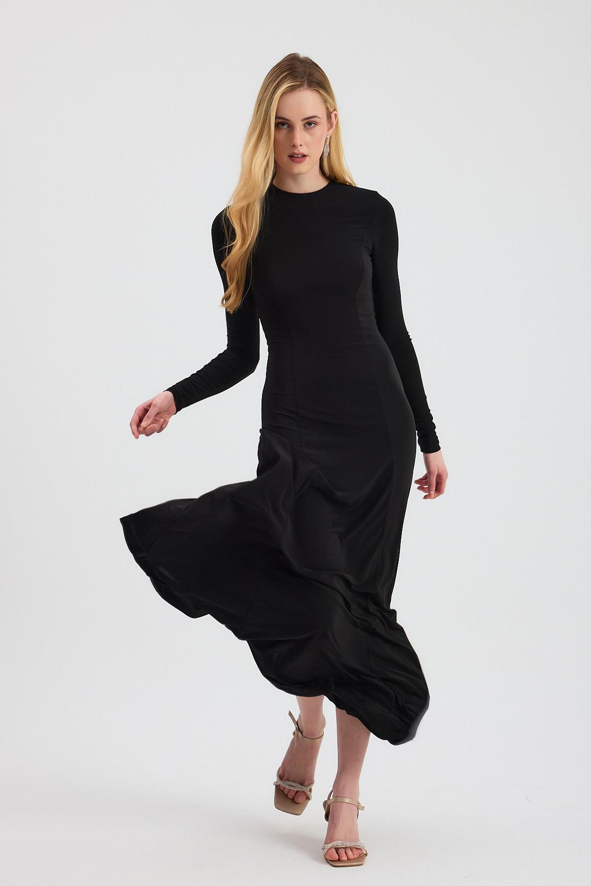 2510 Bisiklet Yaka Uzun Elbise Siyah - 7