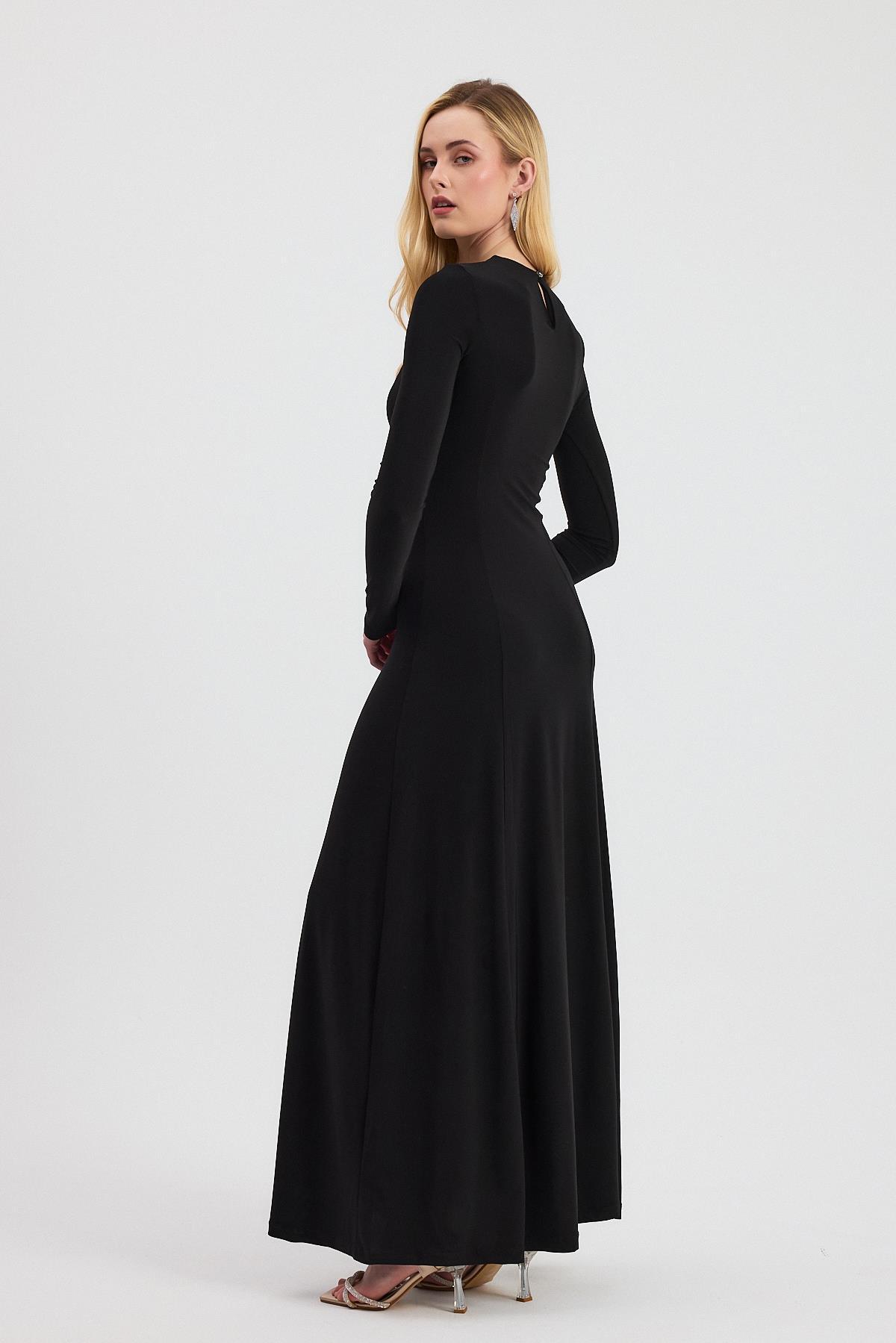 Siyah Bisiklet Yaka Uzun Elbise 2510 - 5