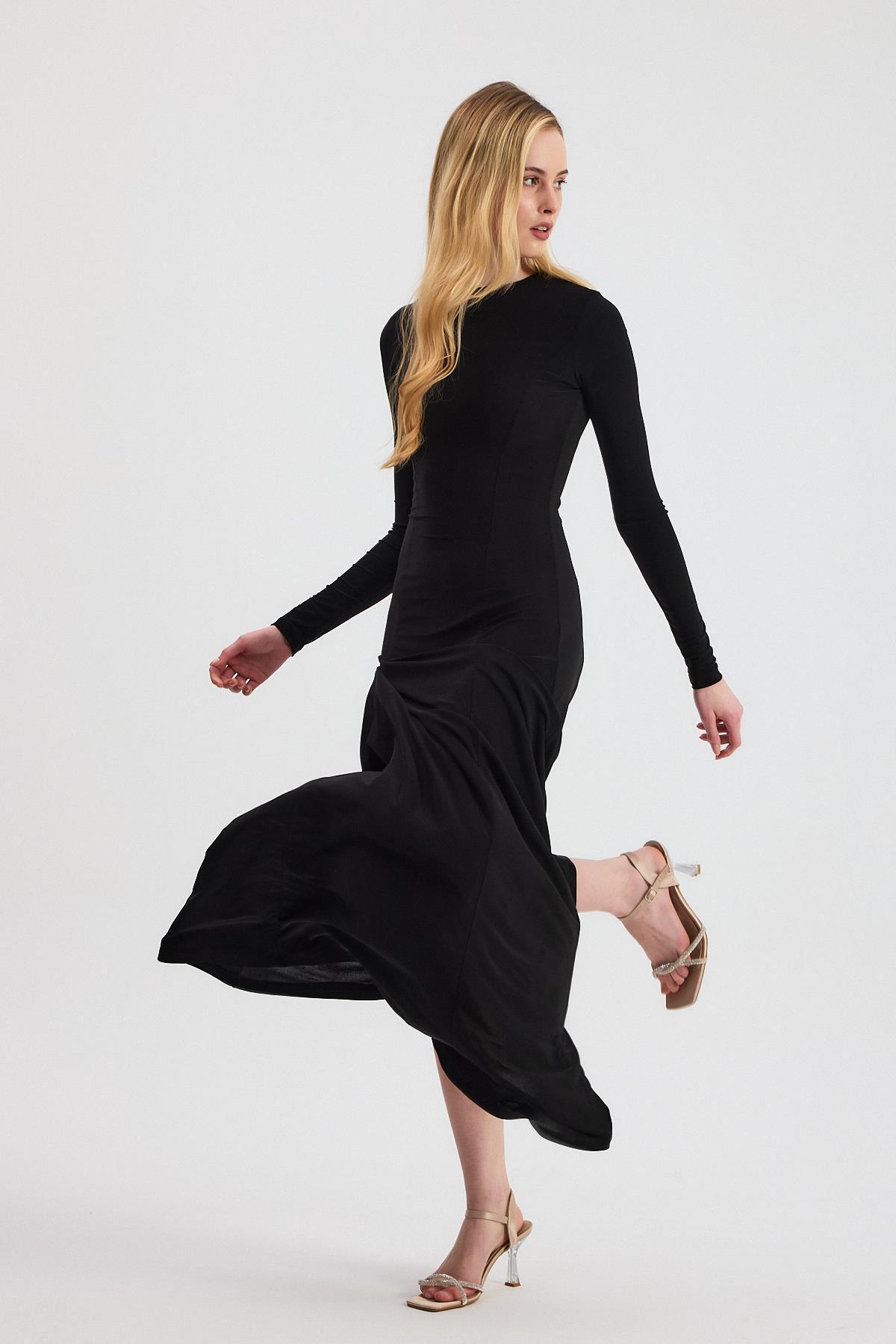 Siyah Bisiklet Yaka Uzun Elbise 2510 - 6