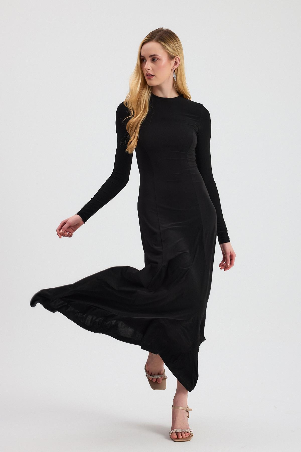 Siyah Bisiklet Yaka Uzun Elbise 2510 - 8