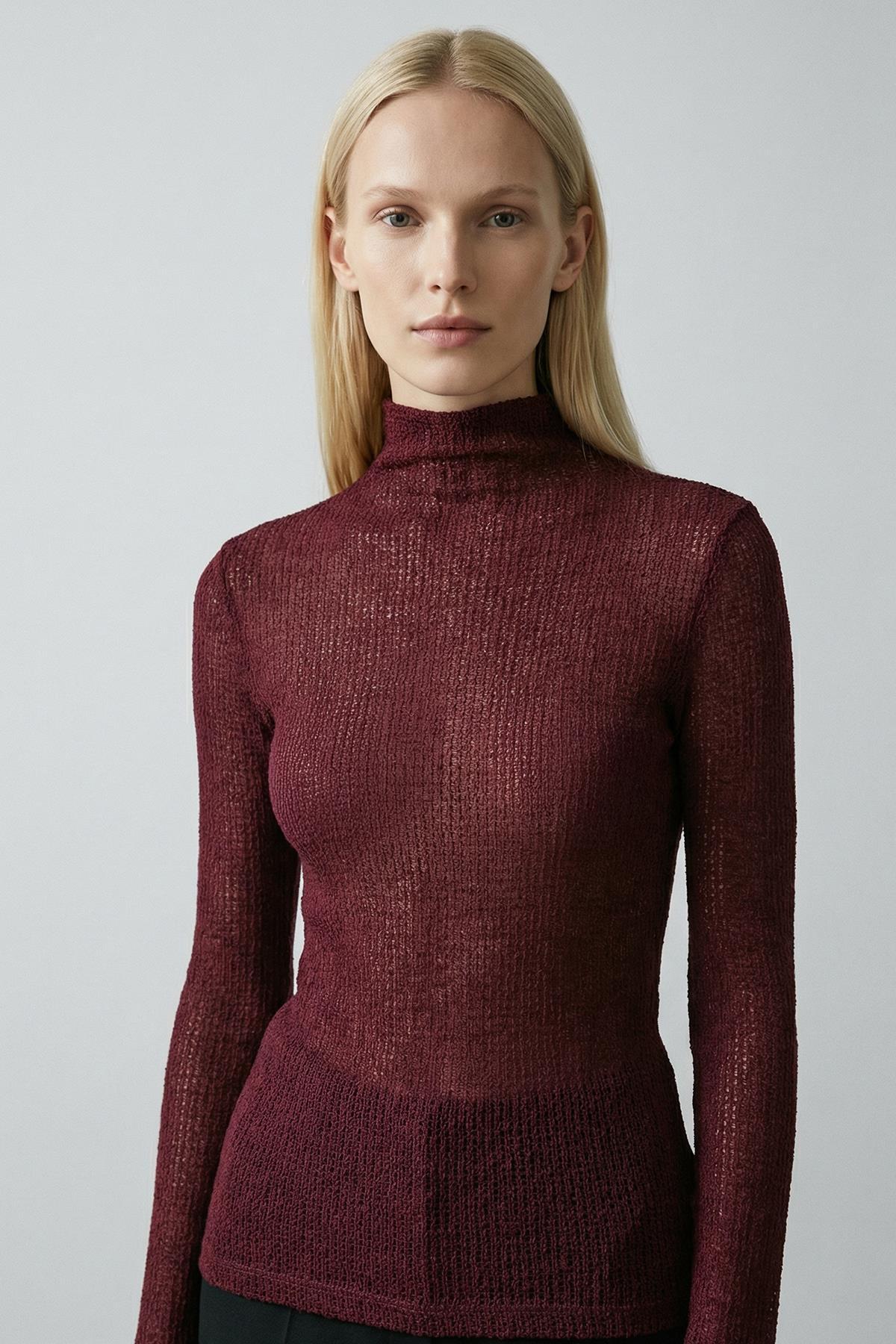 251131 Dik Yaka Uzun Kol Bluz Bordo - RAYS