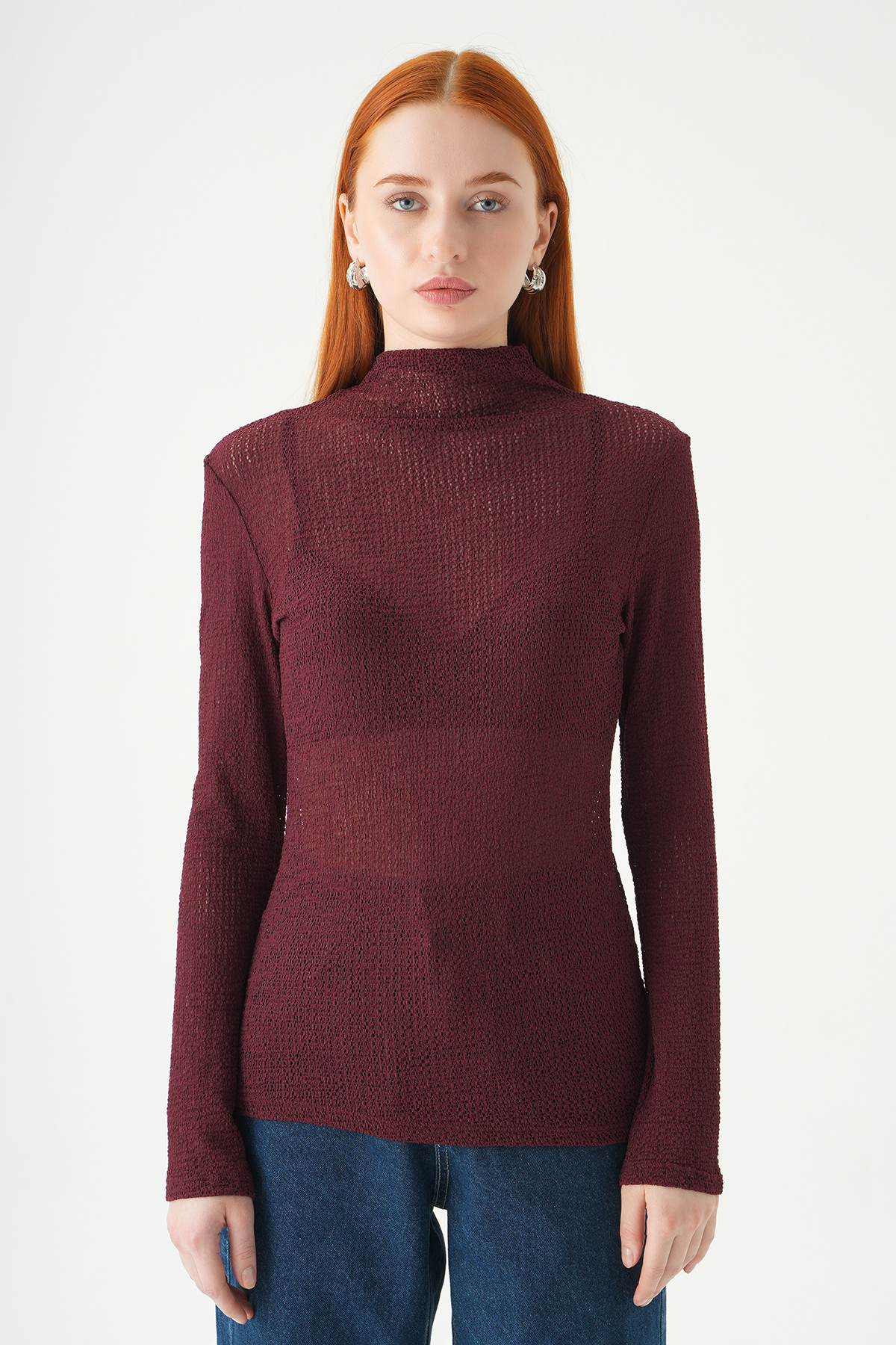 Bordo Dik Yaka Uzun Kol Bluz 251131 - 2