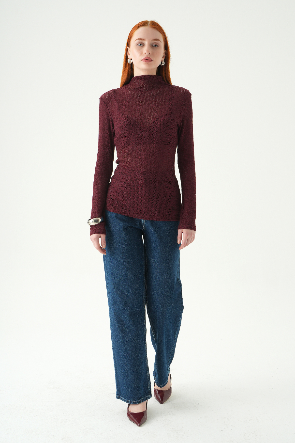 Bordo Dik Yaka Uzun Kol Bluz 251131 - 3