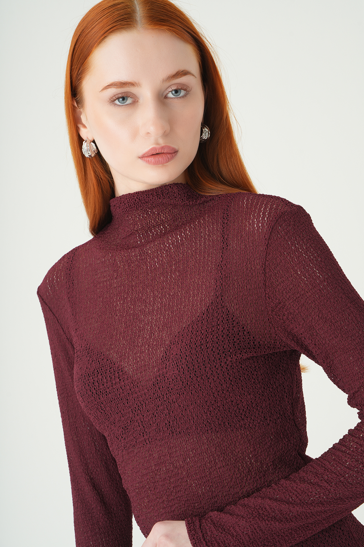 Bordo Dik Yaka Uzun Kol Bluz 251131 - 7