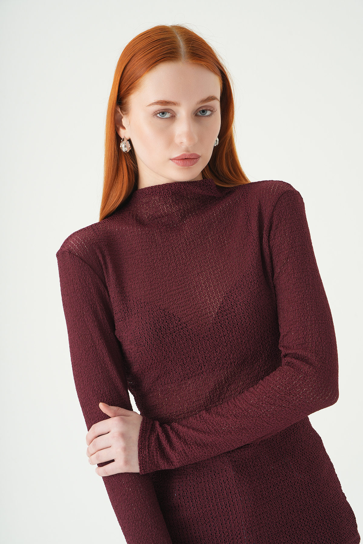 Bordo Dik Yaka Uzun Kol Bluz 251131 - 6
