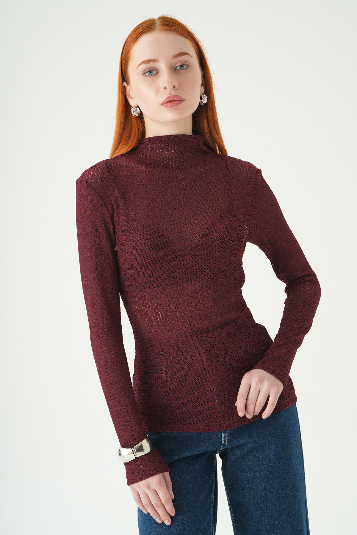 Dik Yaka Uzun Kol Bluz 251131 Bordo - RAYS