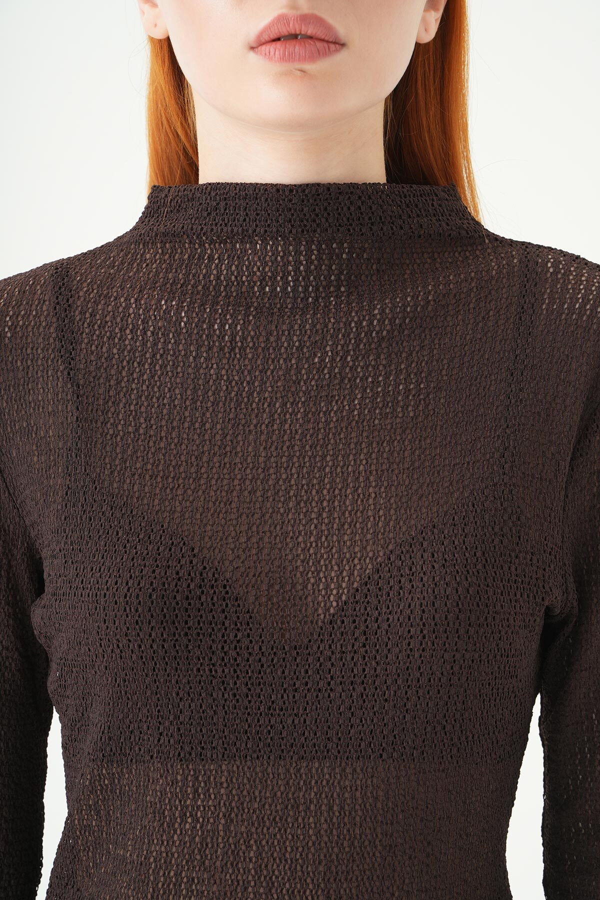 Kahve Dik Yaka Uzun Kol Bluz 251131 - 4