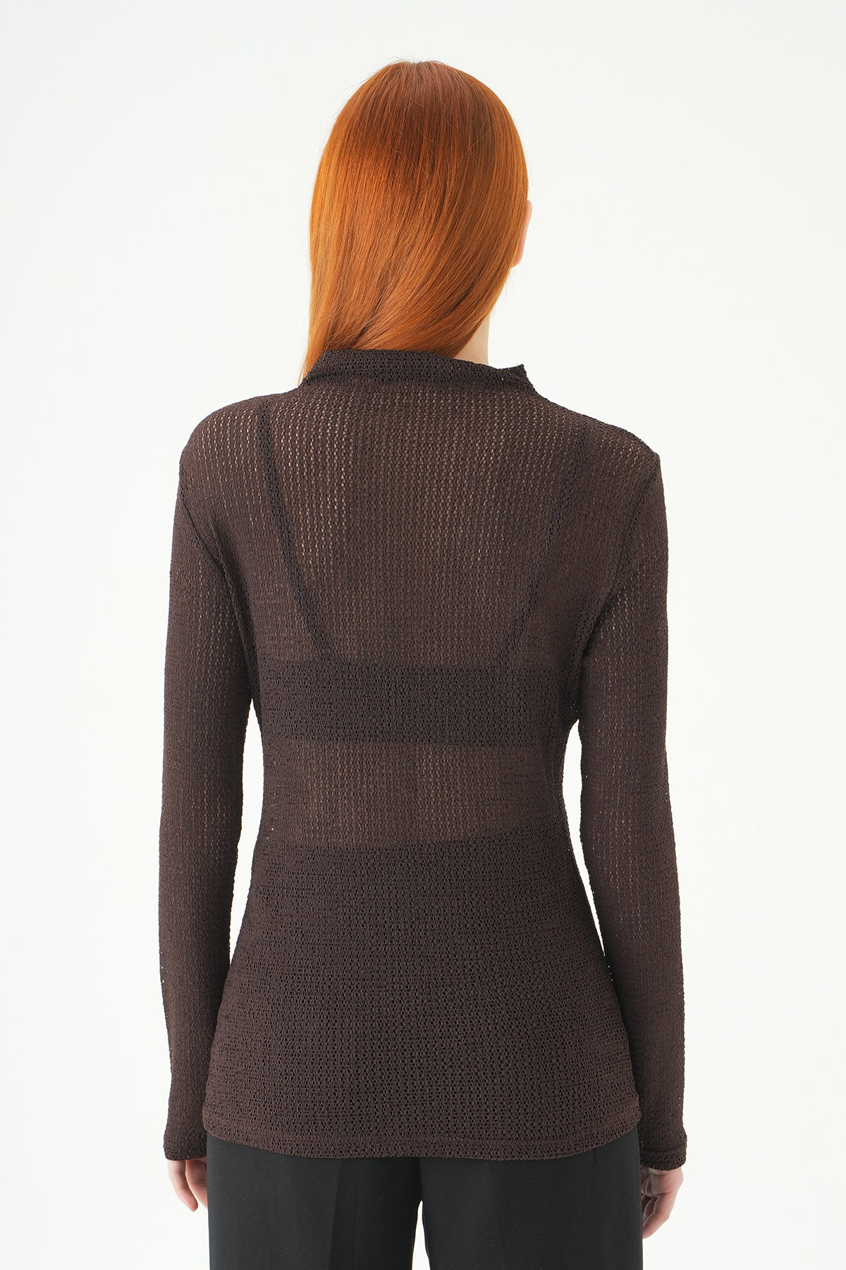 Kahve Dik Yaka Uzun Kol Bluz 251131 - 5