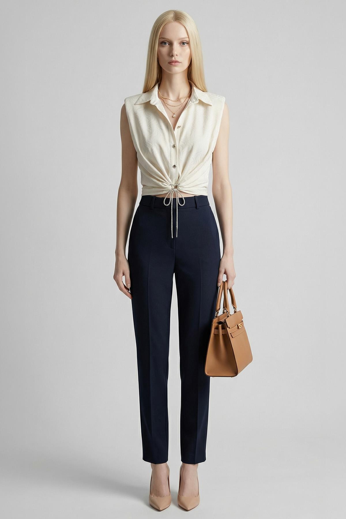 251166 Sıfır Kol Bağlamalı Gömlek Bej 