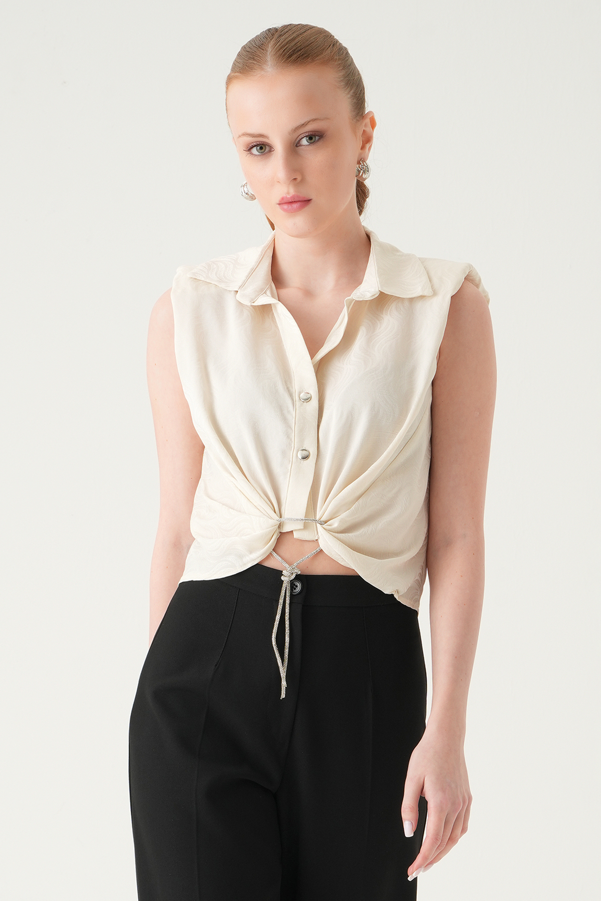 Bej Sıfır Kol Bağlamalı Gömlek 251166 - 2