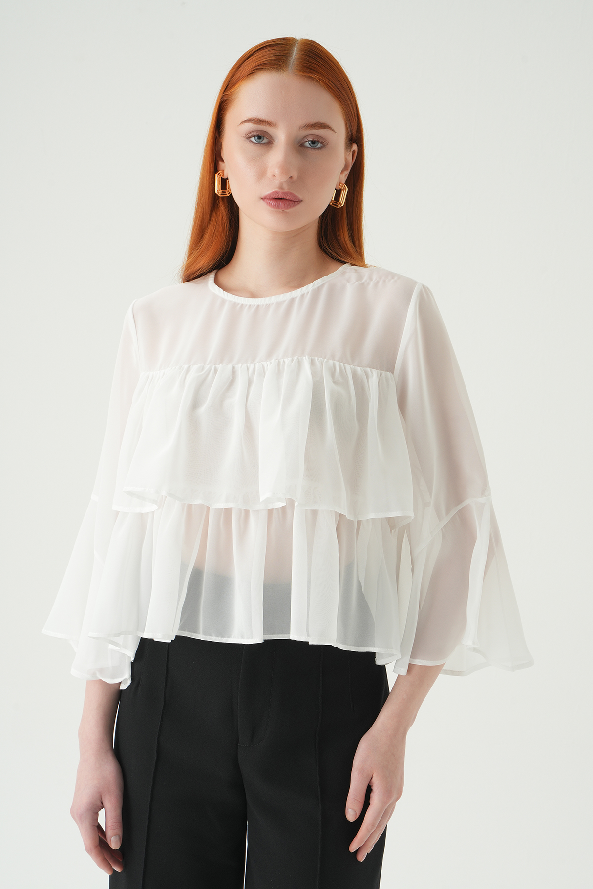 Beyaz Bisiklet Yaka Kat Kat Bluz 251181 - 2