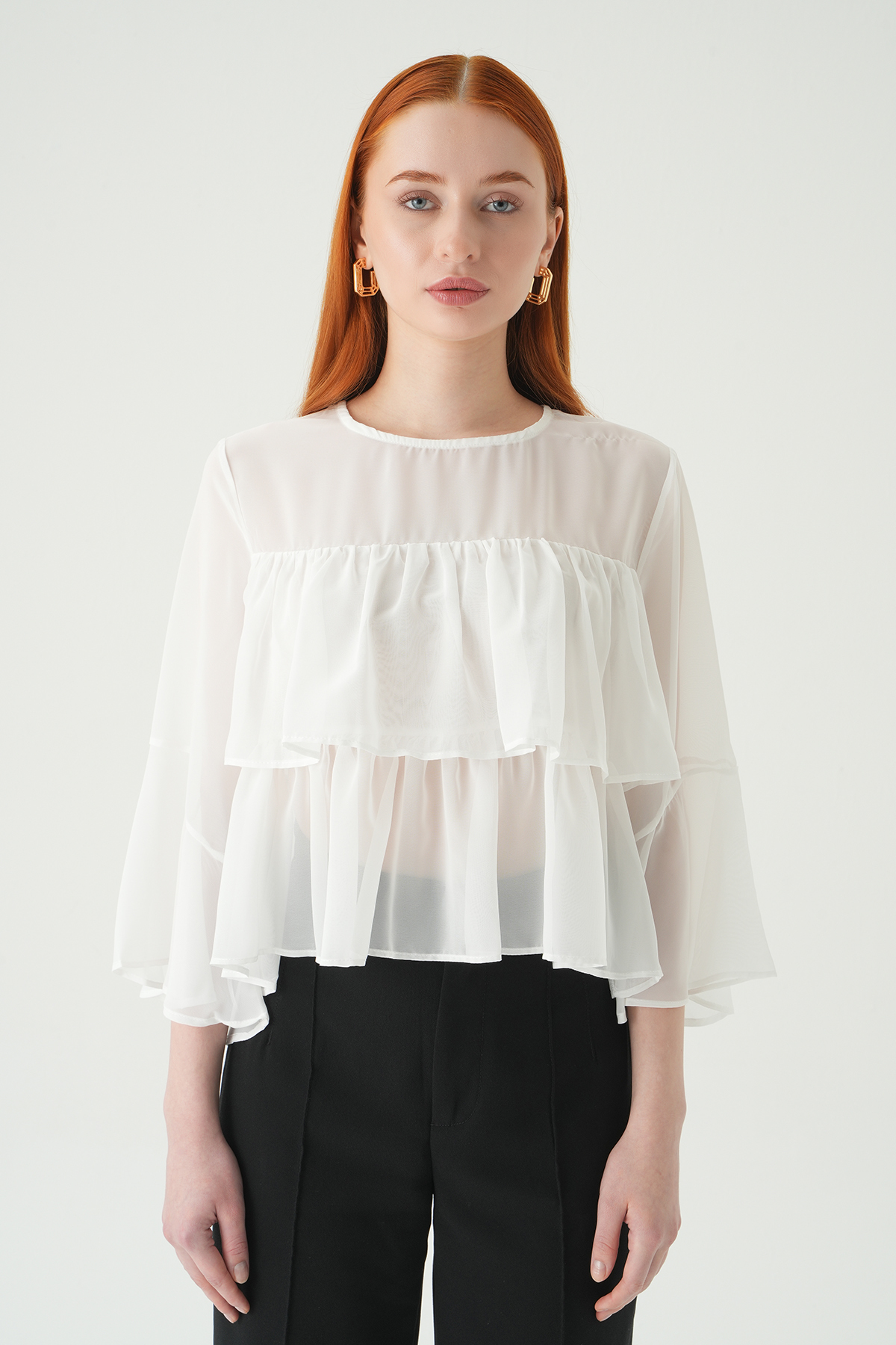 Beyaz Bisiklet Yaka Kat Kat Bluz 251181 - 7