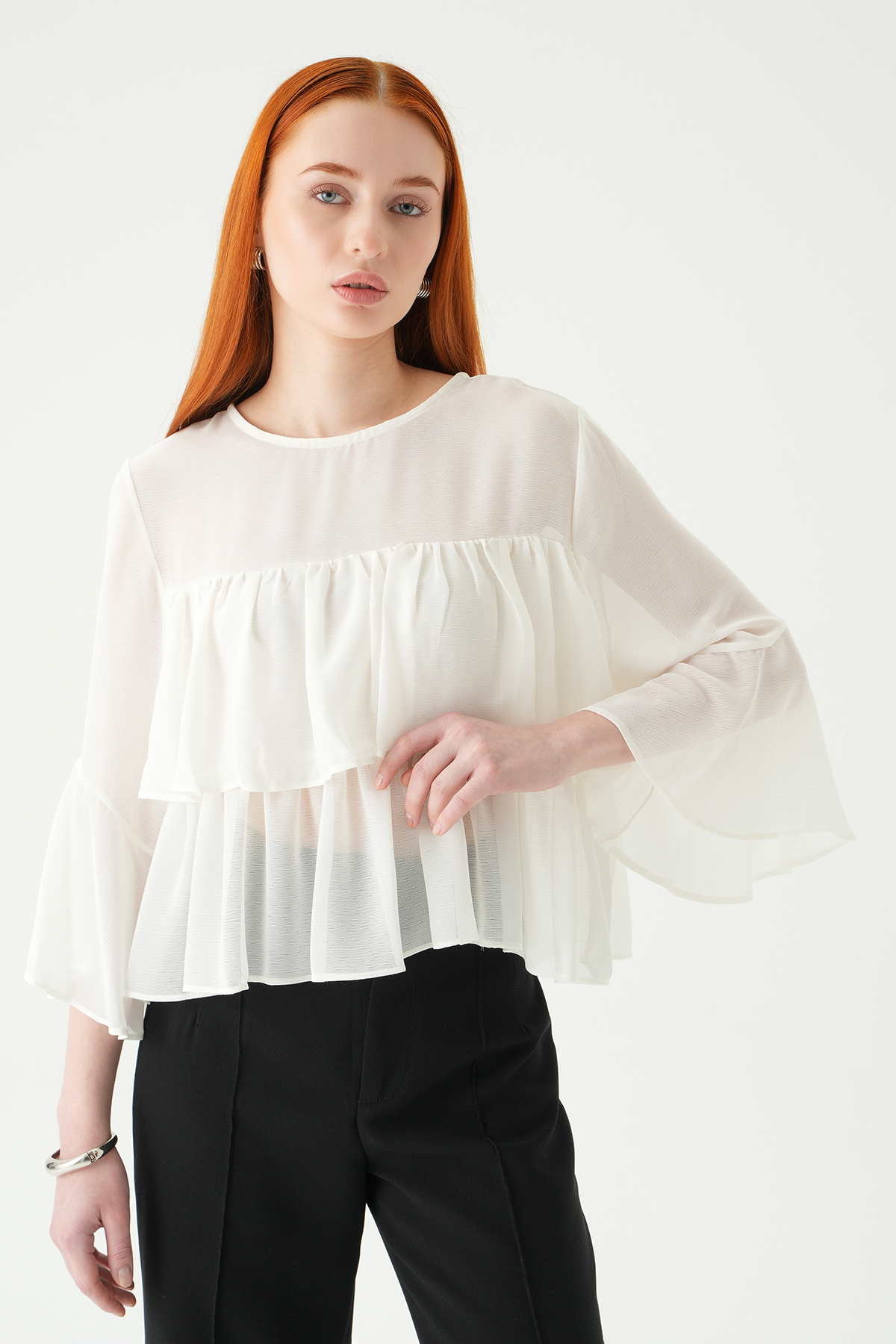 251181 Bisiklet Yaka Kat Kat Bluz Ekru - 6