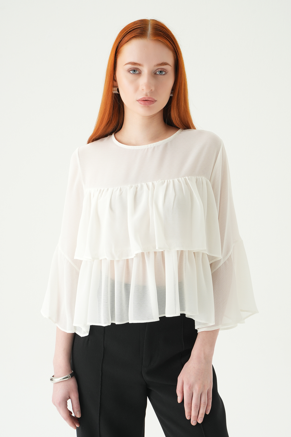 Ekru Bisiklet Yaka Kat Kat Bluz 251181 - 1