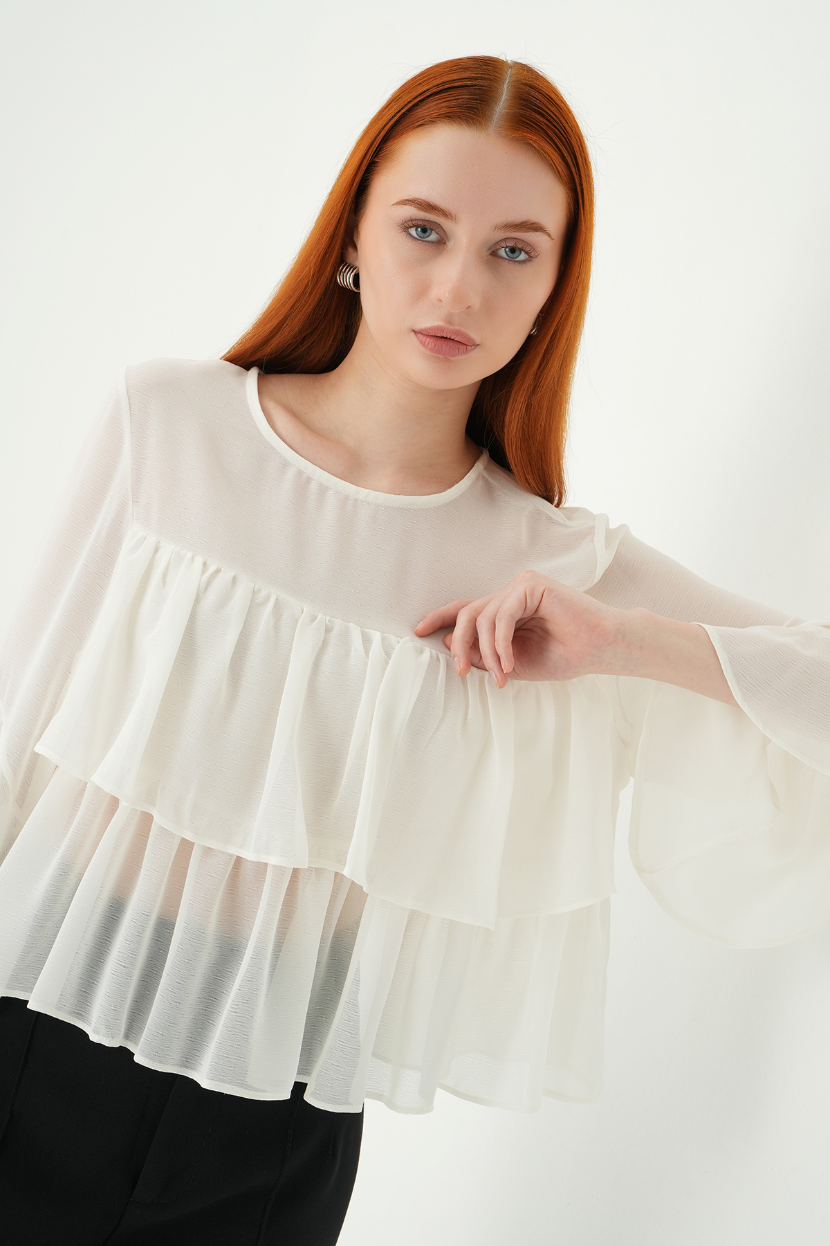 Ekru Bisiklet Yaka Kat Kat Bluz 251181 - RAYS