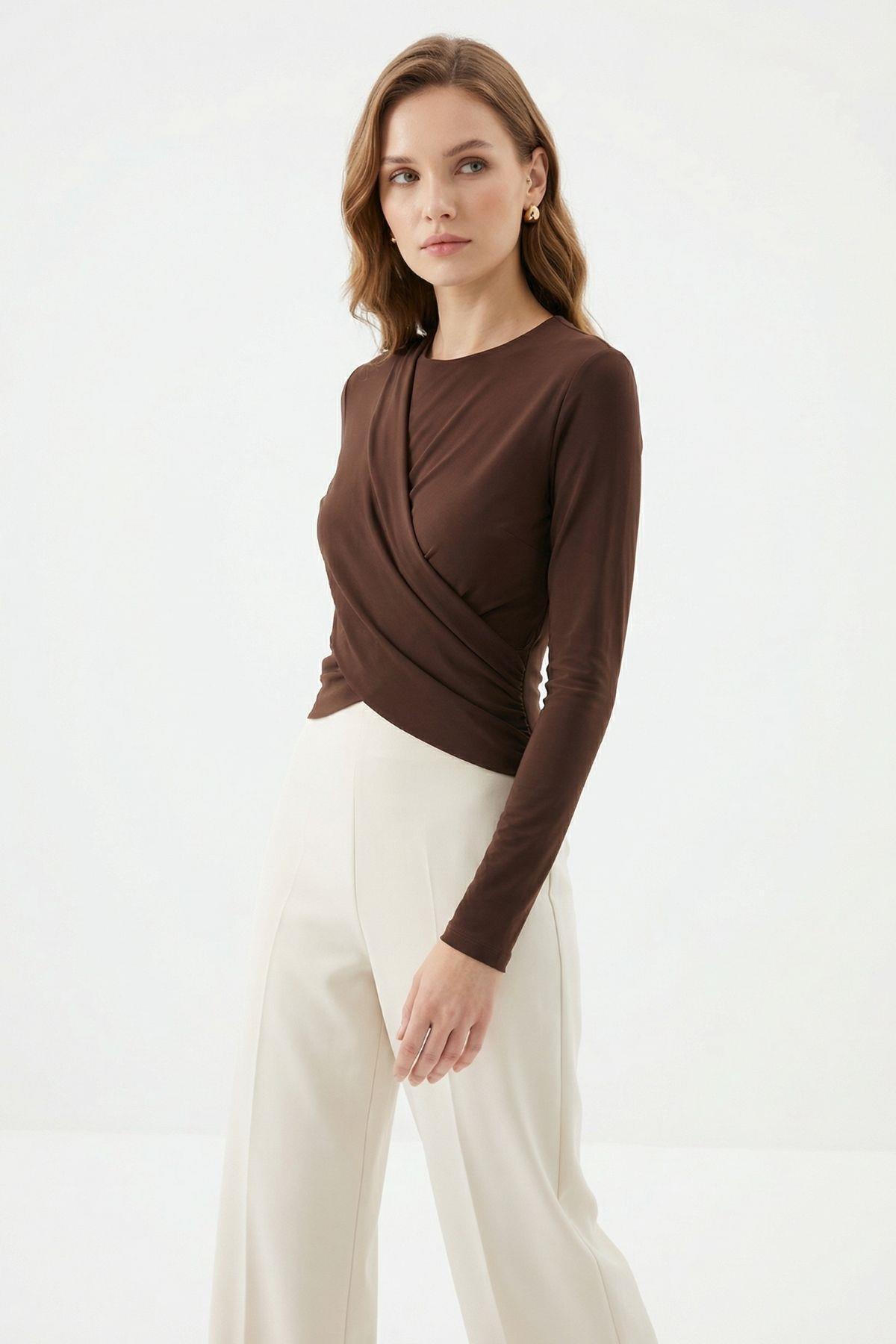 Kahve Crop Uzun Kol Bluz 251269 - RAYS (1)