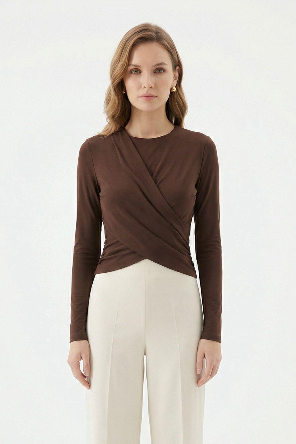 Kahve Crop Uzun Kol Bluz 251269 - RAYS