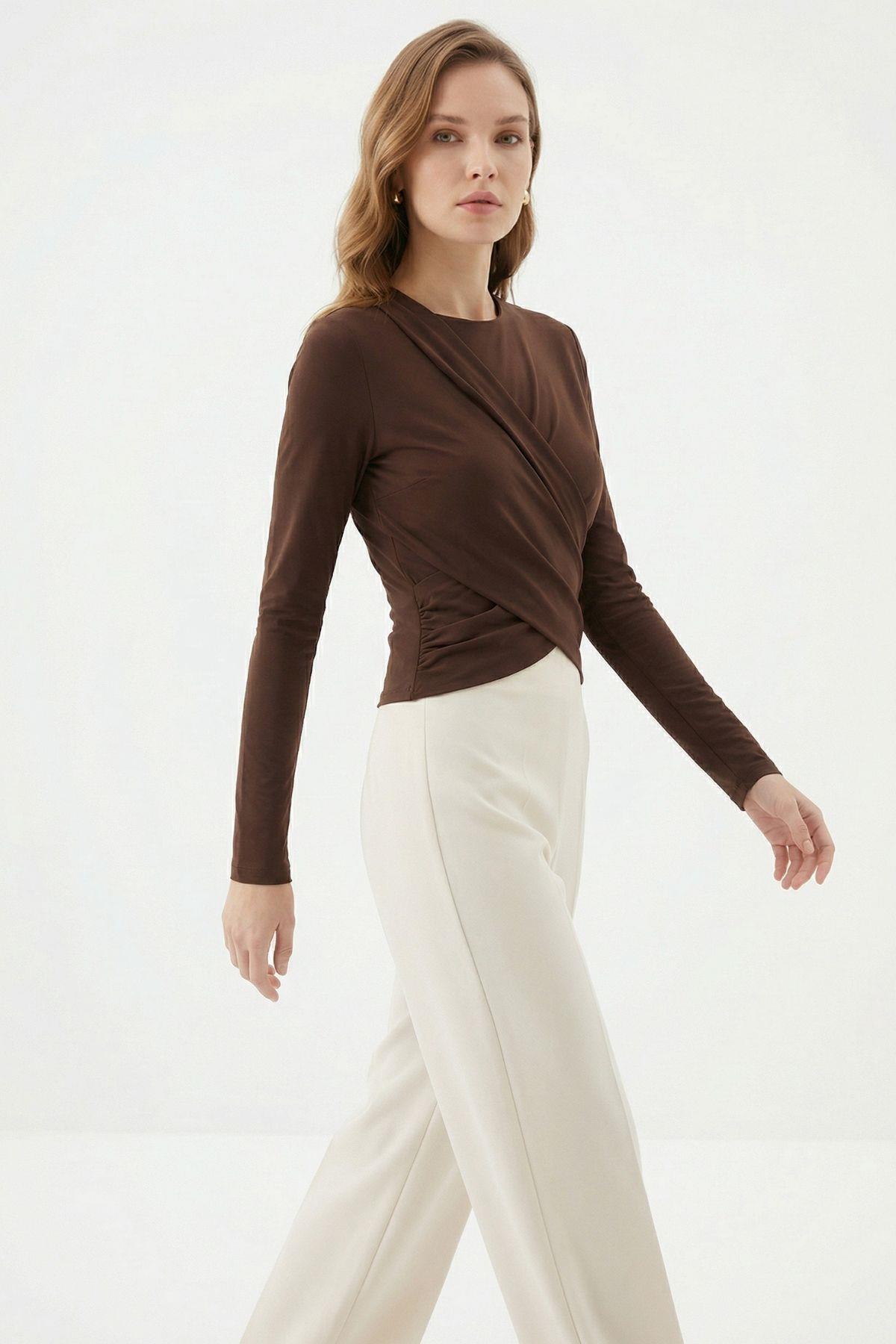 Kahve Crop Uzun Kol Bluz 251269 - 1
