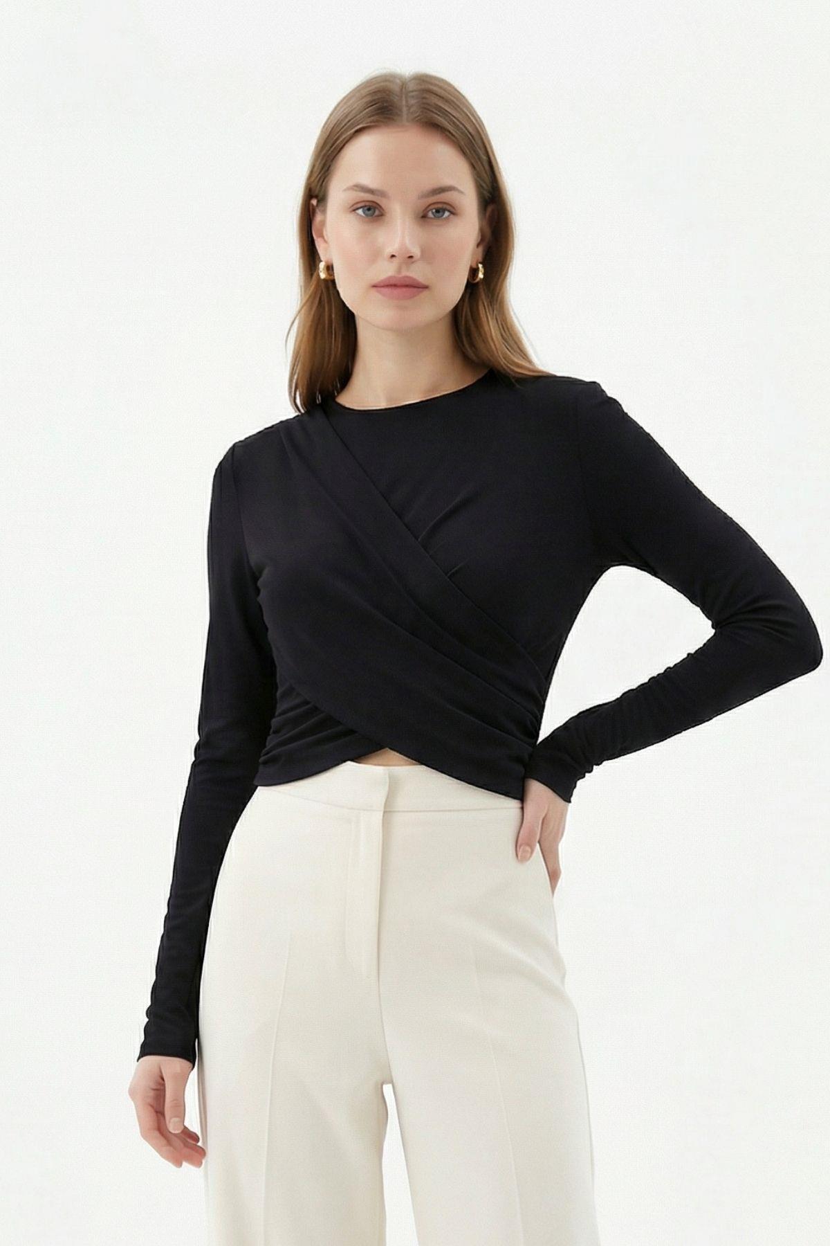 Siyah Crop Uzun Kol Bluz 251269 - 1