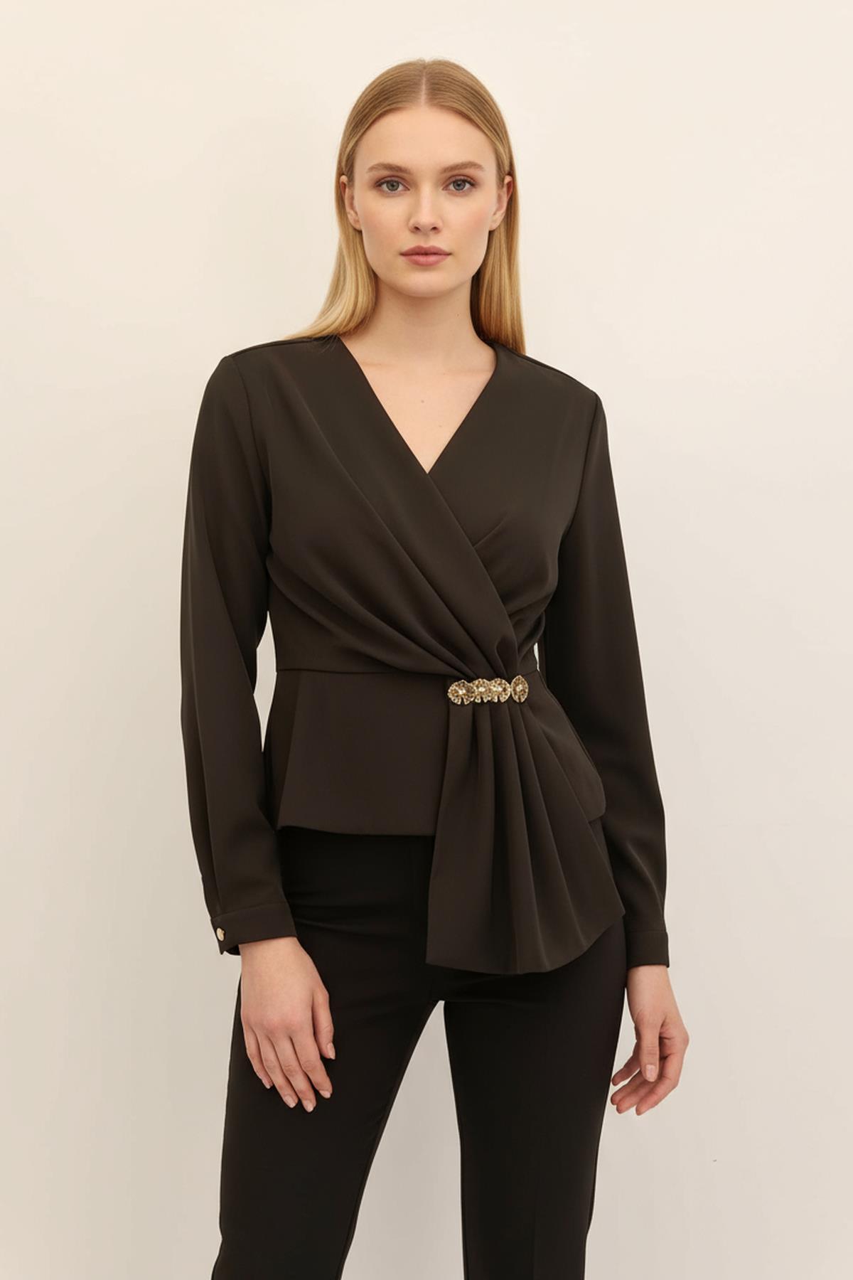 251279 Kruvaze Yaka Uzun Kol Bluz Acı Kahve - 1