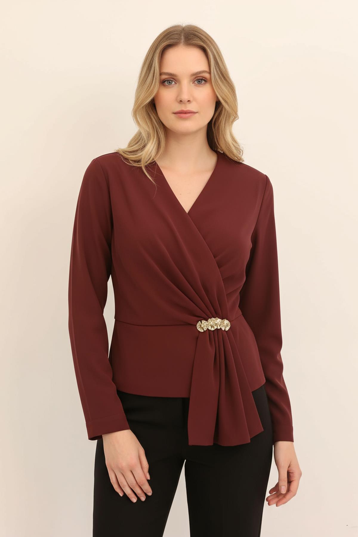 251279 Kruvaze Yaka Uzun Kol Bluz Bordo - 1