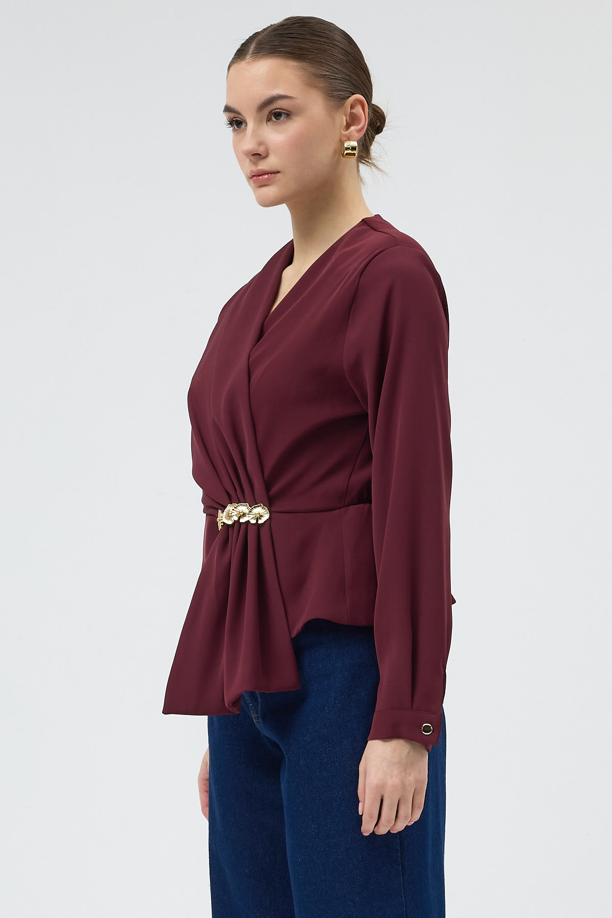 Bordo Kruvaze Yaka Taş Toka Detaylı Uzun Kollu Kadın Bluz 251279 - 2