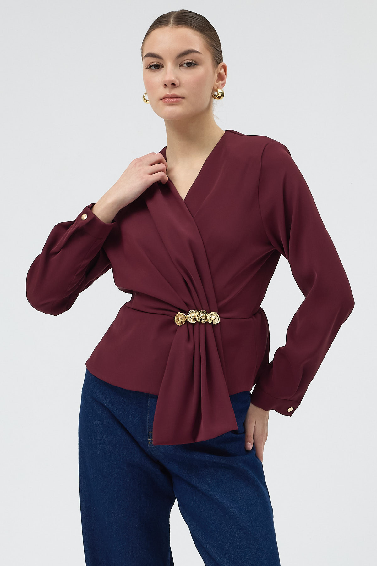 Bordo Kruvaze Yaka Taş Toka Detaylı Uzun Kollu Kadın Bluz 251279 
