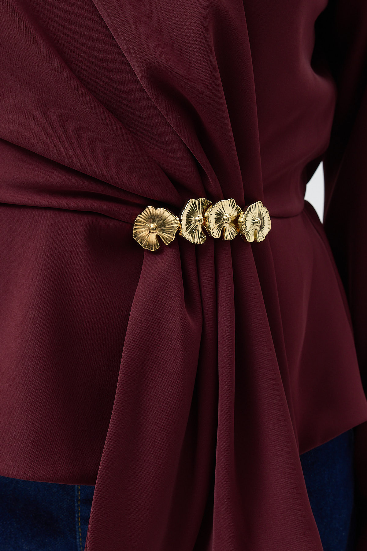 Bordo Kruvaze Yaka Taş Toka Detaylı Uzun Kollu Kadın Bluz 251279 - 4