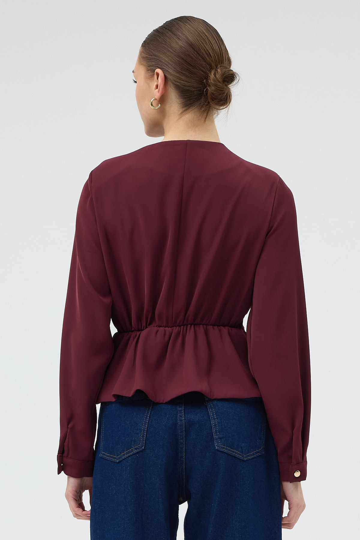 Bordo Kruvaze Yaka Taş Toka Detaylı Uzun Kollu Kadın Bluz 251279 - 5