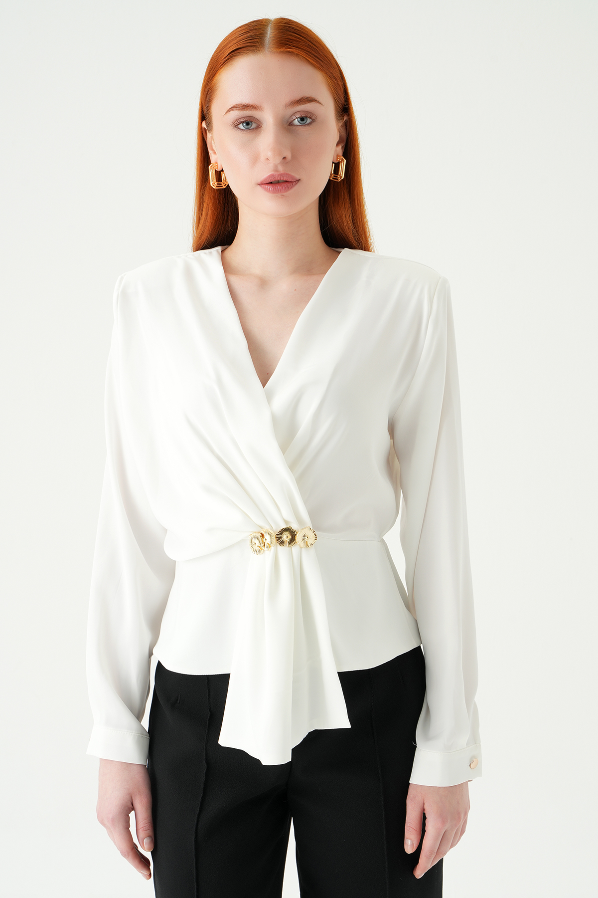 Ekru Kruvaze Yaka Taş Toka Detaylı Uzun Kollu Kadın Bluz 251279 - RAYS