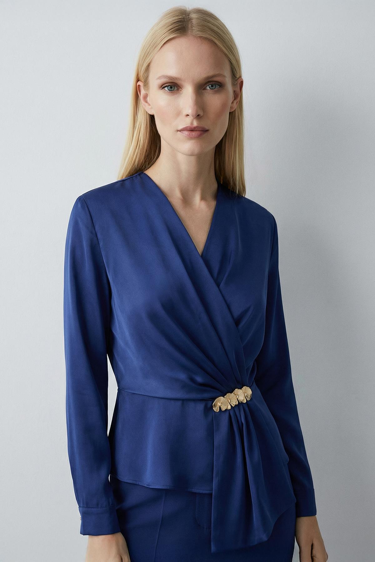 251279 Kruvaze Yaka Uzun Kol Bluz İndigo - 1