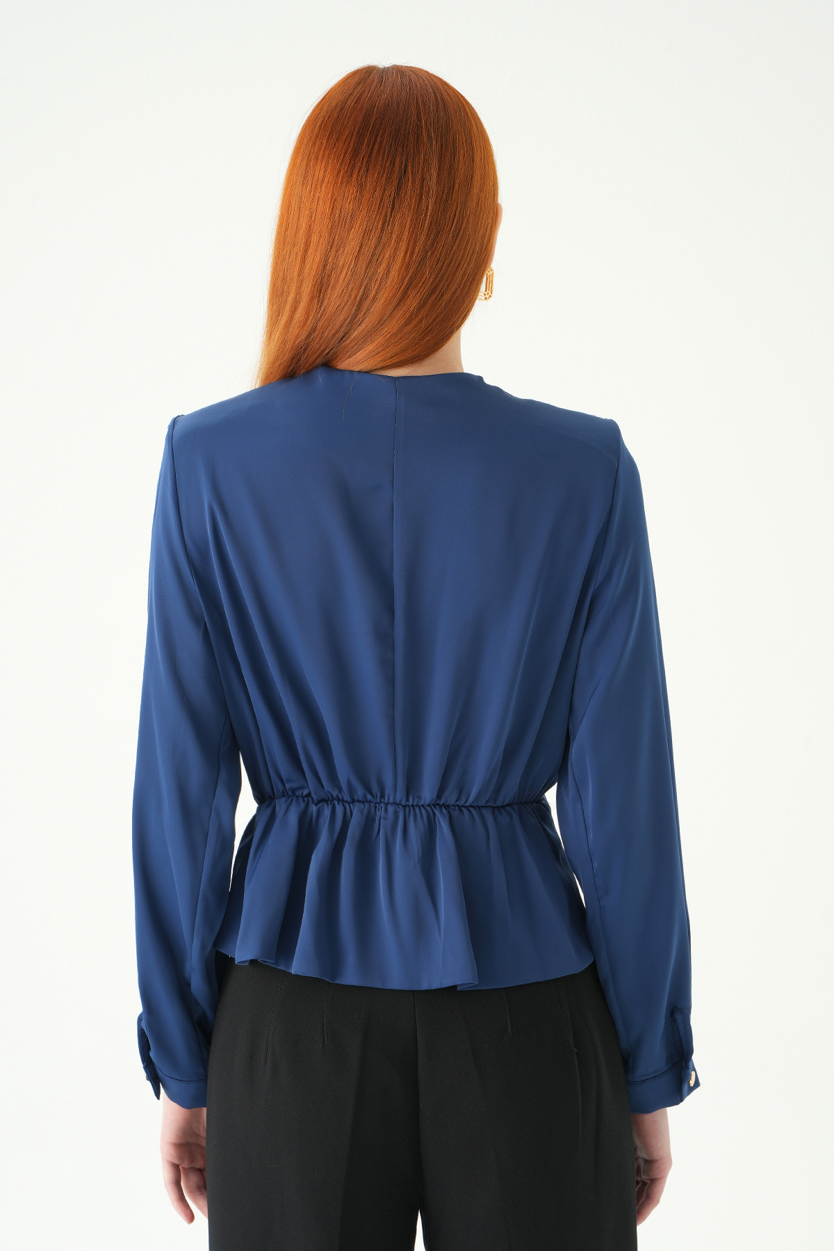 İndigo Kruvaze Yaka Taş Toka Detaylı Uzun Kollu Kadın Bluz 251279 - 5