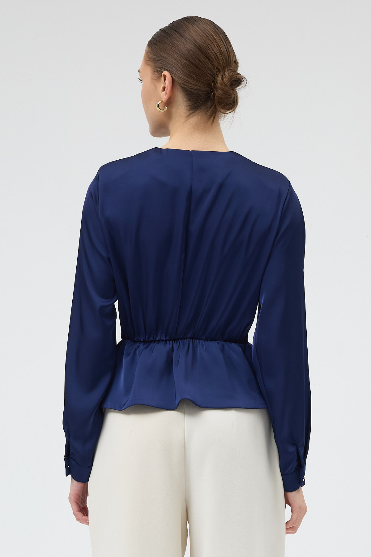 Lacivert Kruvaze Yaka Taş Toka Detaylı Uzun Kollu Kadın Bluz 251279 - 5