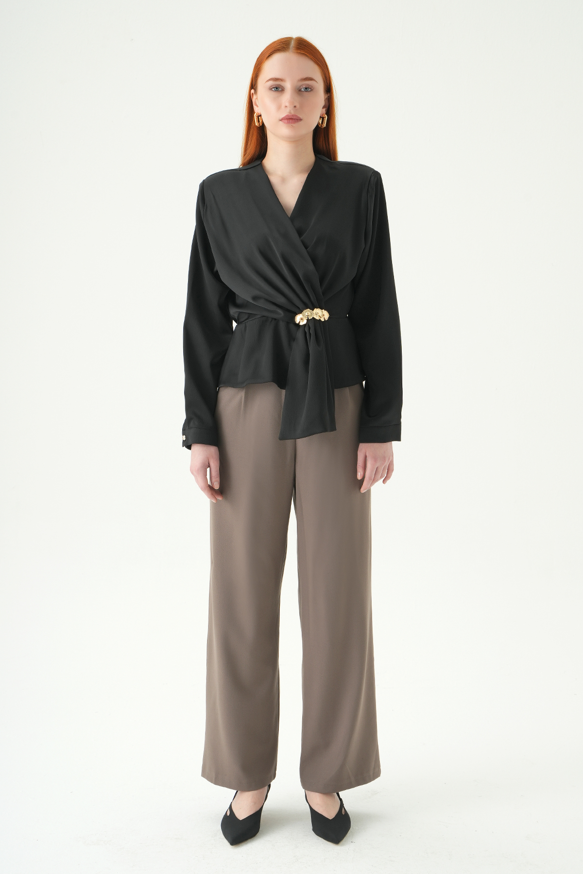 Siyah Kruvaze Yaka Taş Toka Detaylı Uzun Kollu Kadın Bluz 251279 - 3