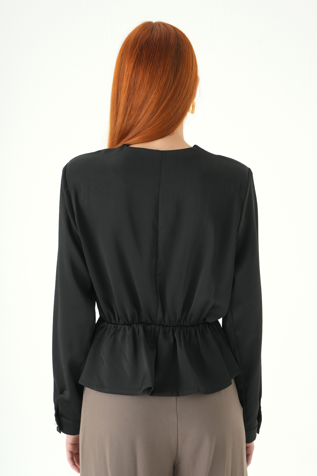 Siyah Kruvaze Yaka Taş Toka Detaylı Uzun Kollu Kadın Bluz 251279 - 5