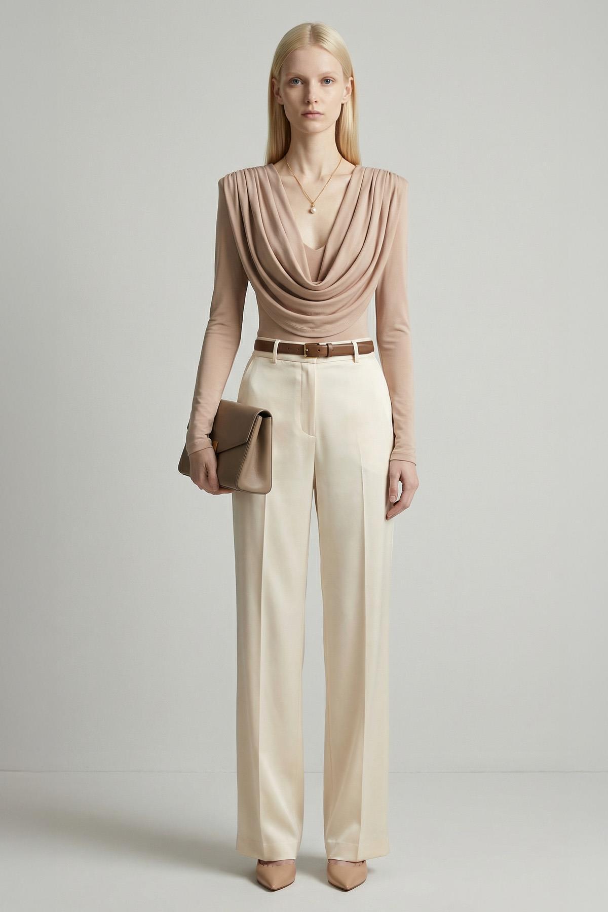 Bej Degaje Yaka Uzun Kol Bluz 251282 - 1