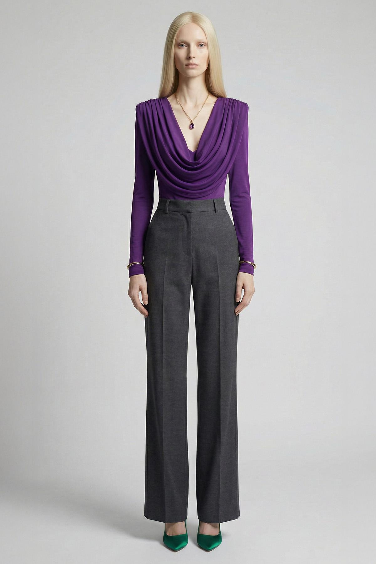 Mor Degaje Yaka Uzun Kol Bluz 251282 