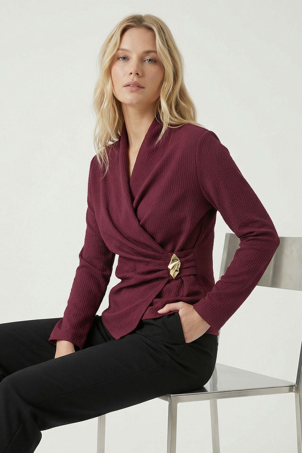 Bordo Kruvaze Yaka Bluz 251298 - 1