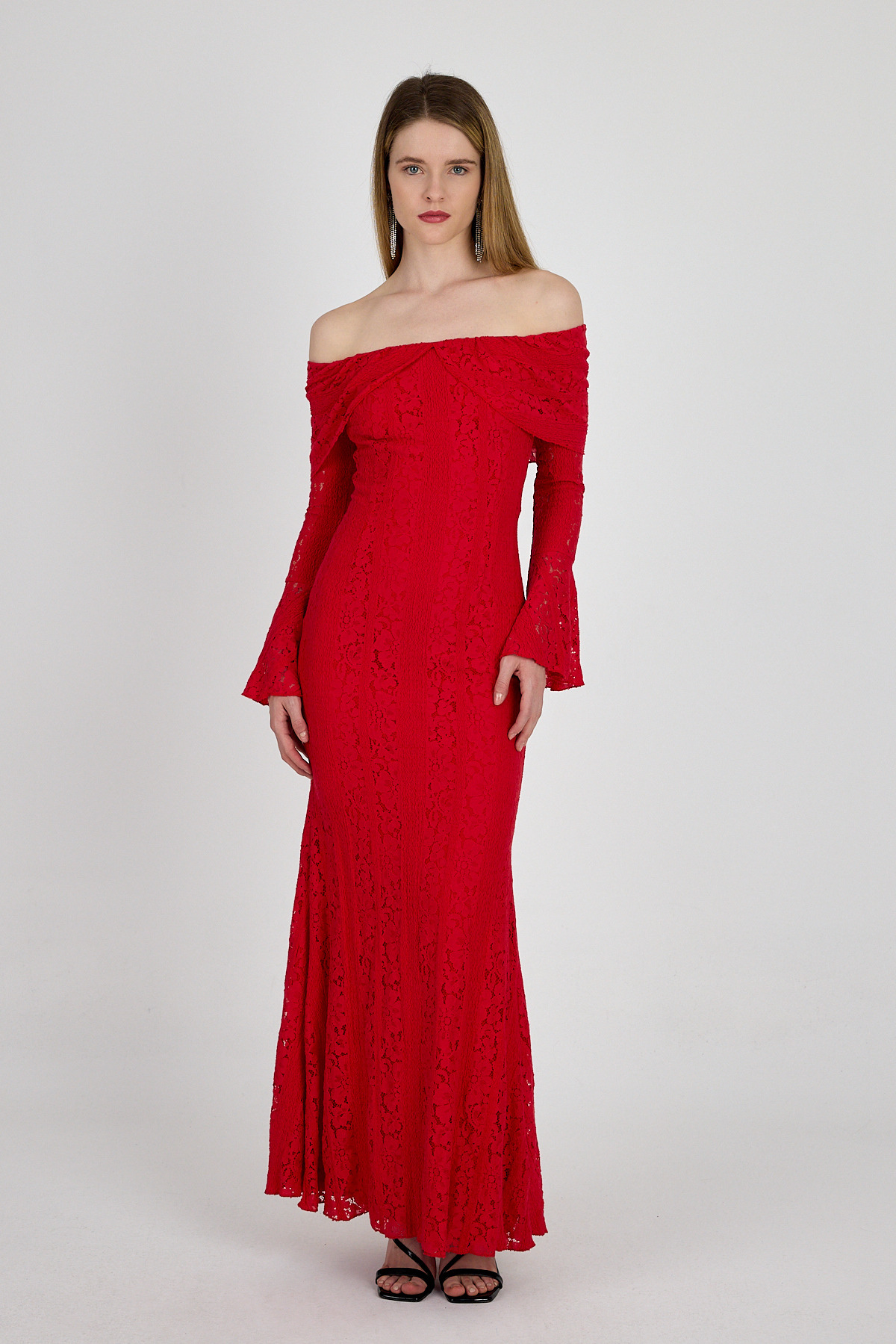 Kırmızı Kayık Yaka Kloş Detaylı Dantel Elbise 251625 - 6