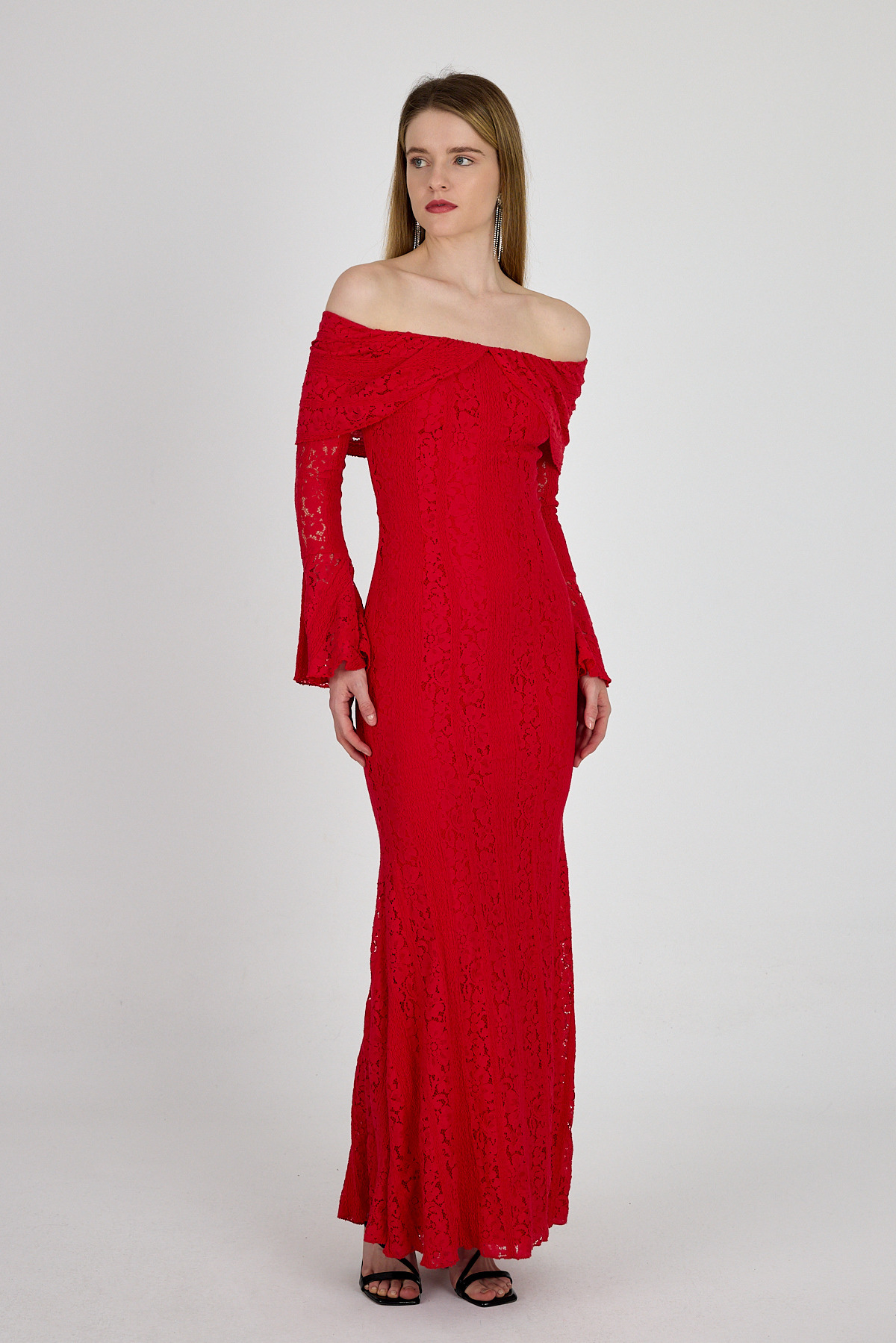Kırmızı Kayık Yaka Kloş Detaylı Dantel Elbise 251625 - 1