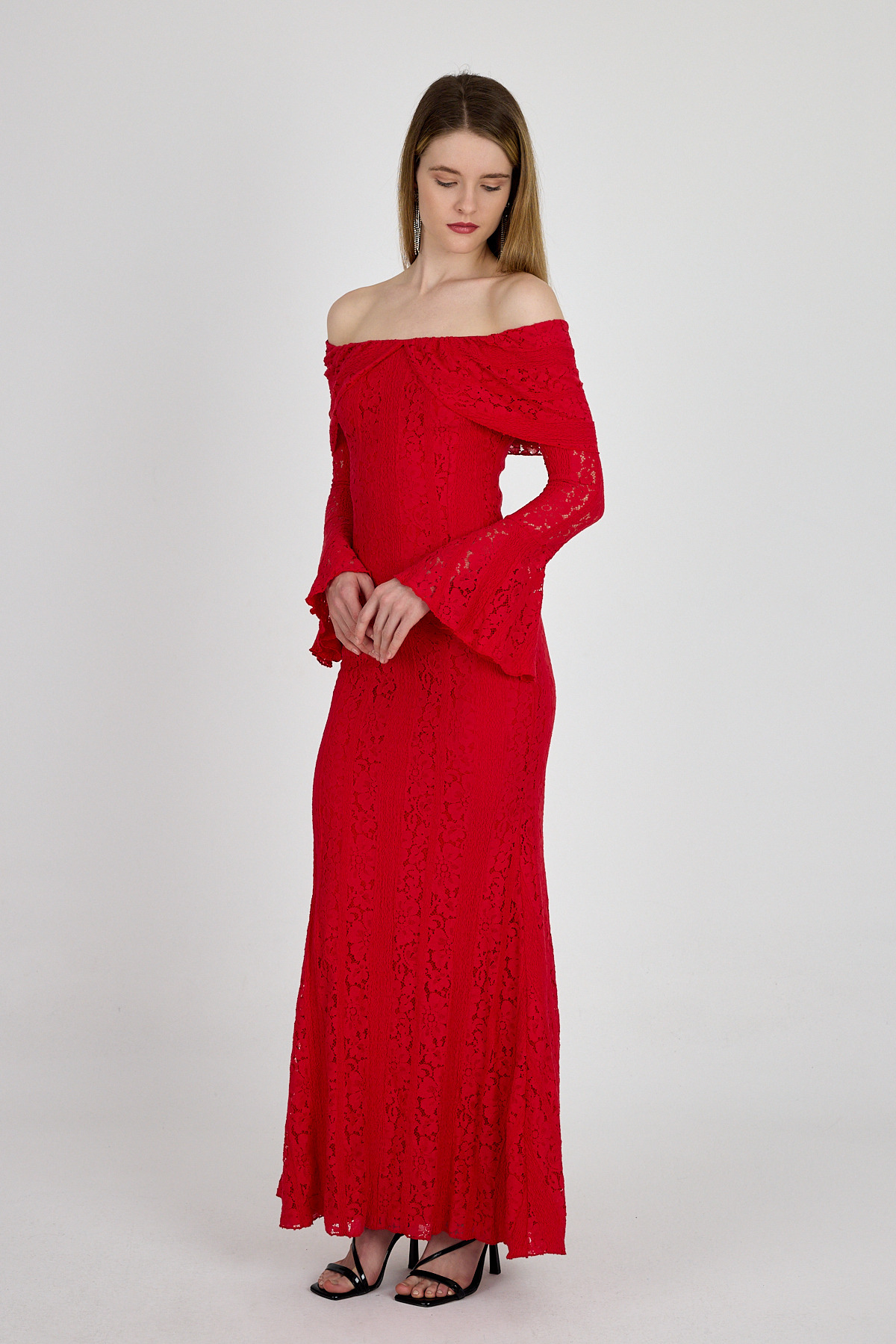 Kırmızı Kayık Yaka Kloş Detaylı Dantel Elbise 251625 - 2