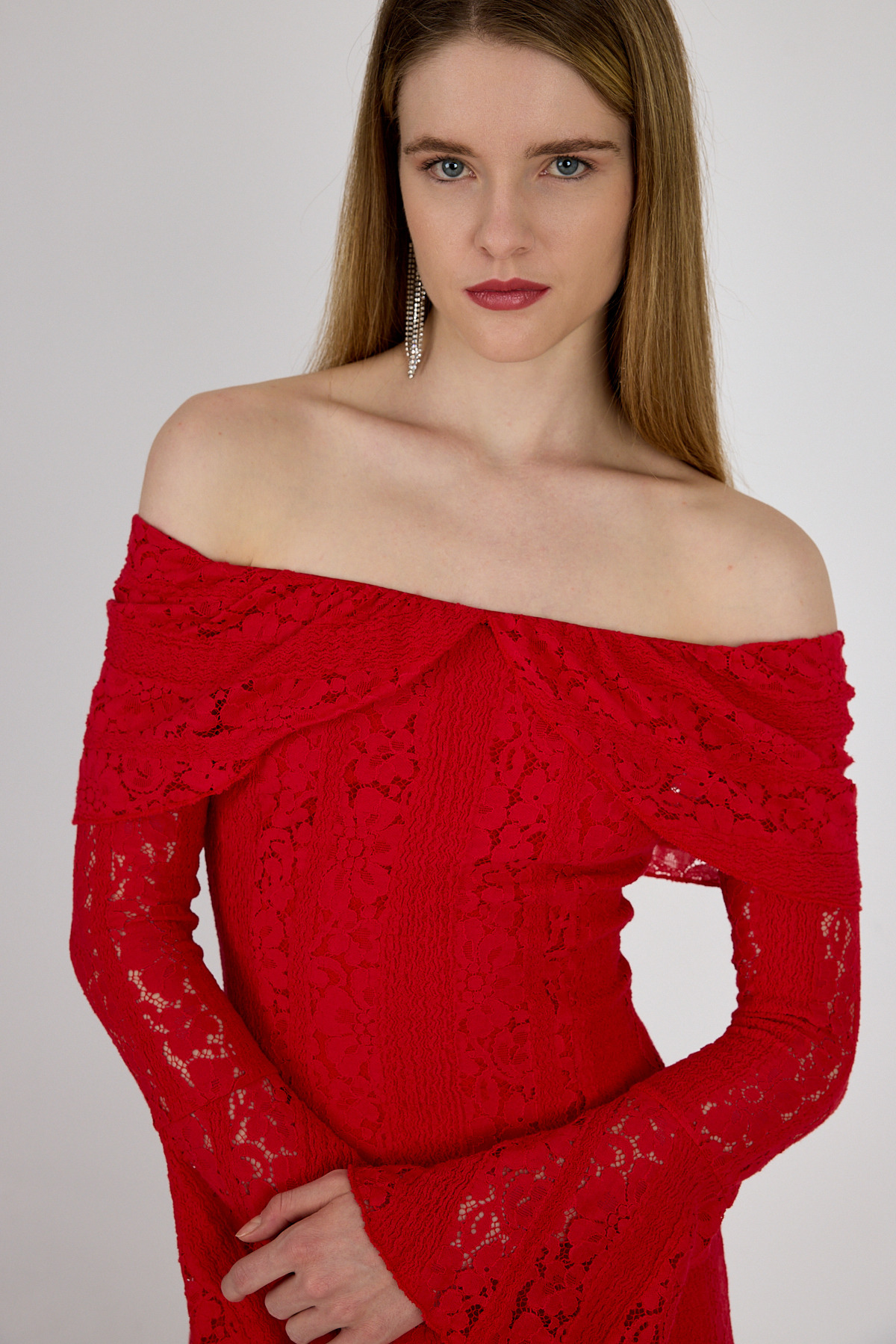 Kırmızı Kayık Yaka Kloş Detaylı Dantel Elbise 251625 - 4