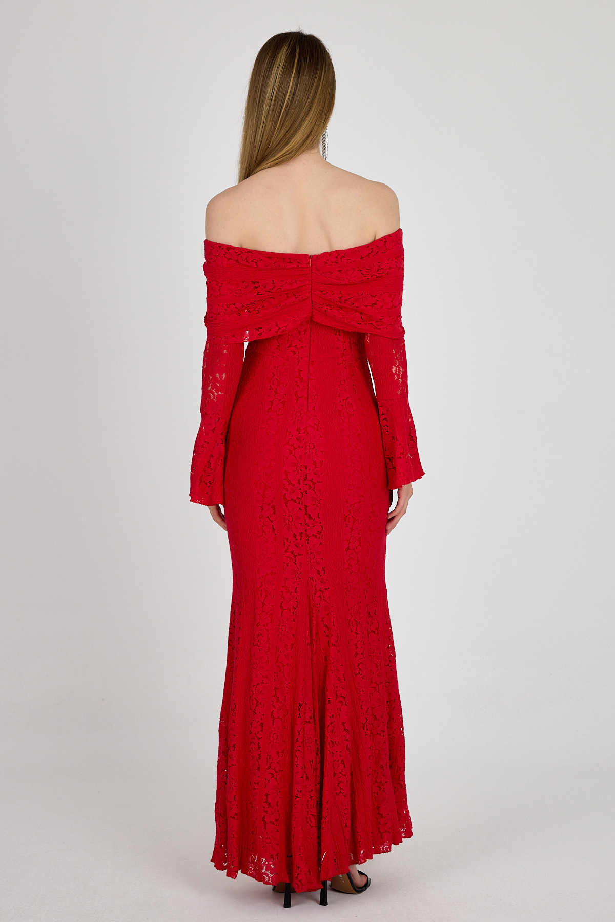 Kırmızı Kayık Yaka Kloş Detaylı Dantel Elbise 251625 - 5