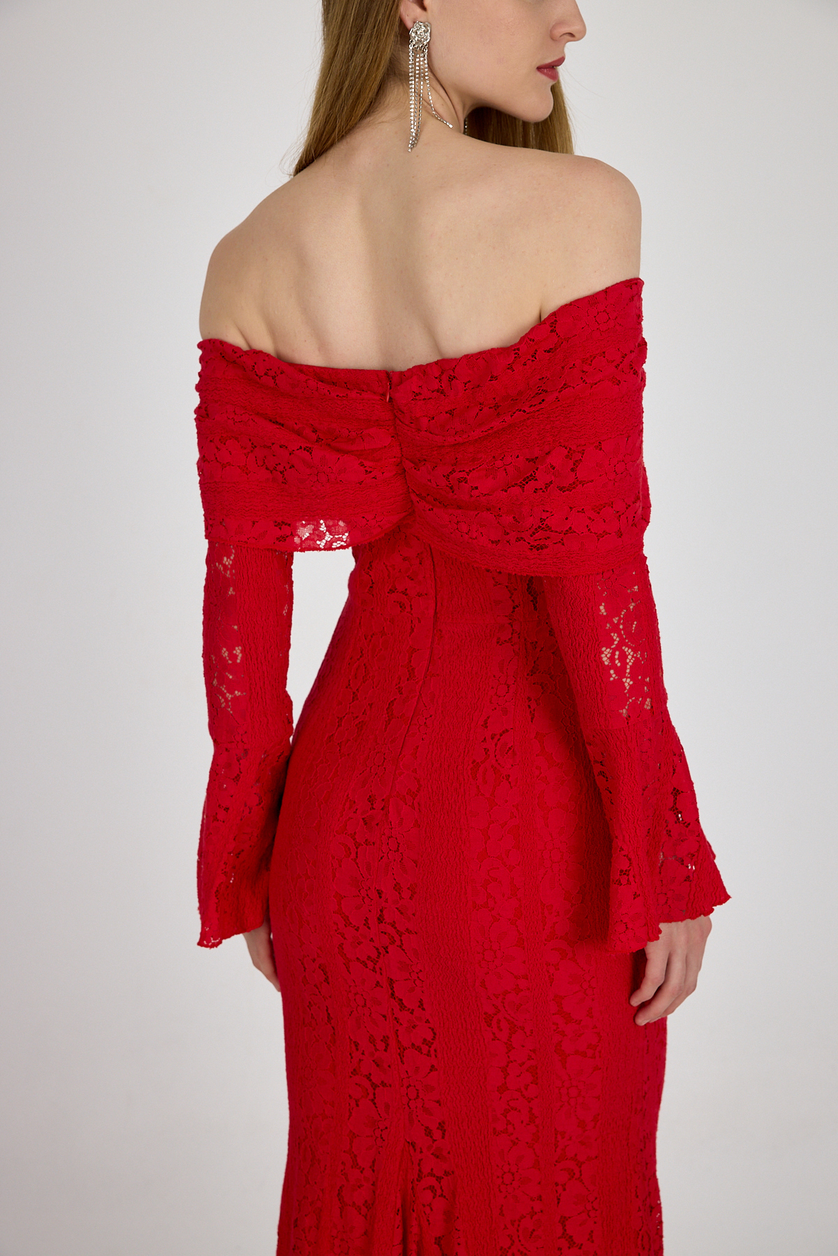 Kırmızı Kayık Yaka Kloş Detaylı Dantel Elbise 251625 - 7