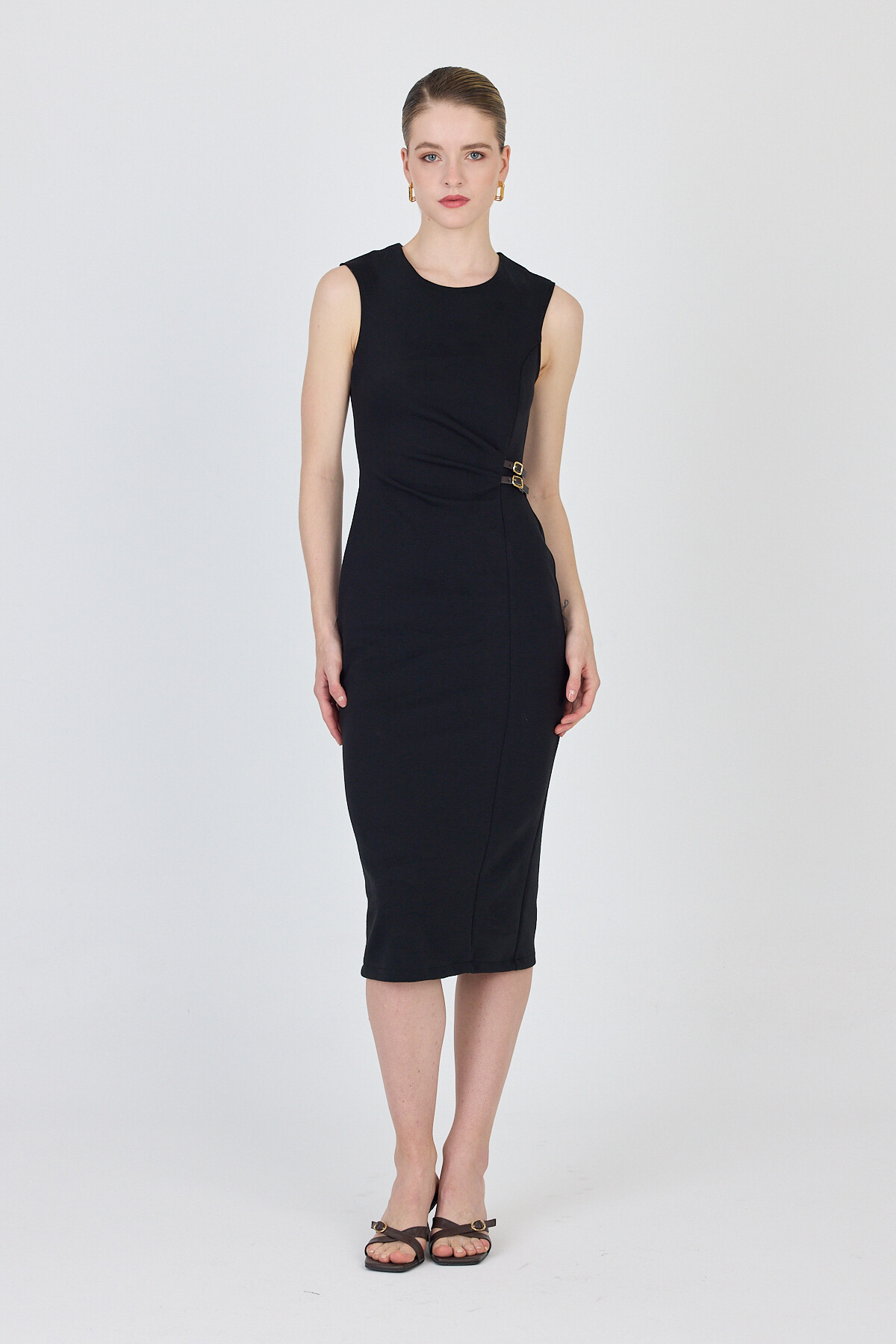 Siyah Kemer Detaylı Midi Elbise 251636 - 6