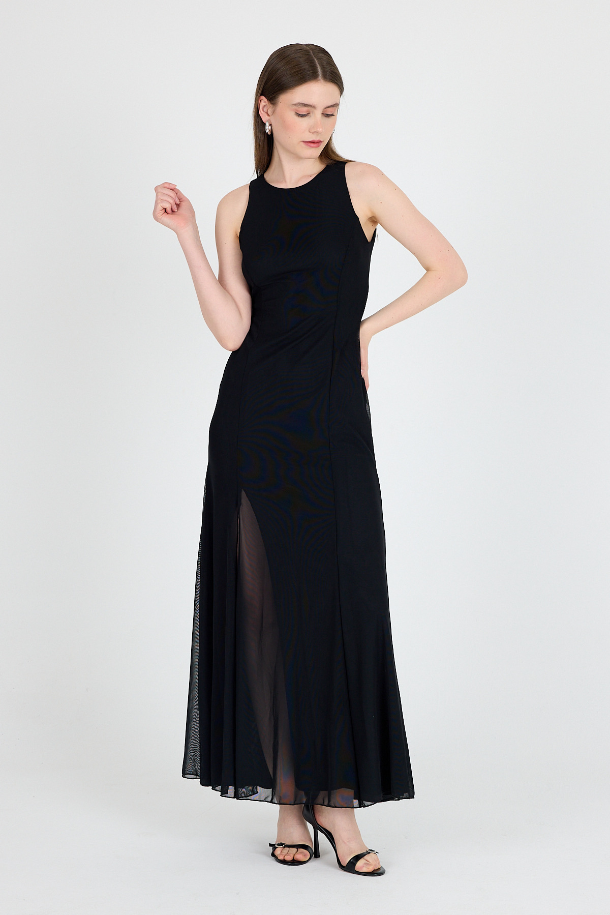 Siyah Yandan Yırtmaçlı Tül Uzun Elbise 251657 - 2