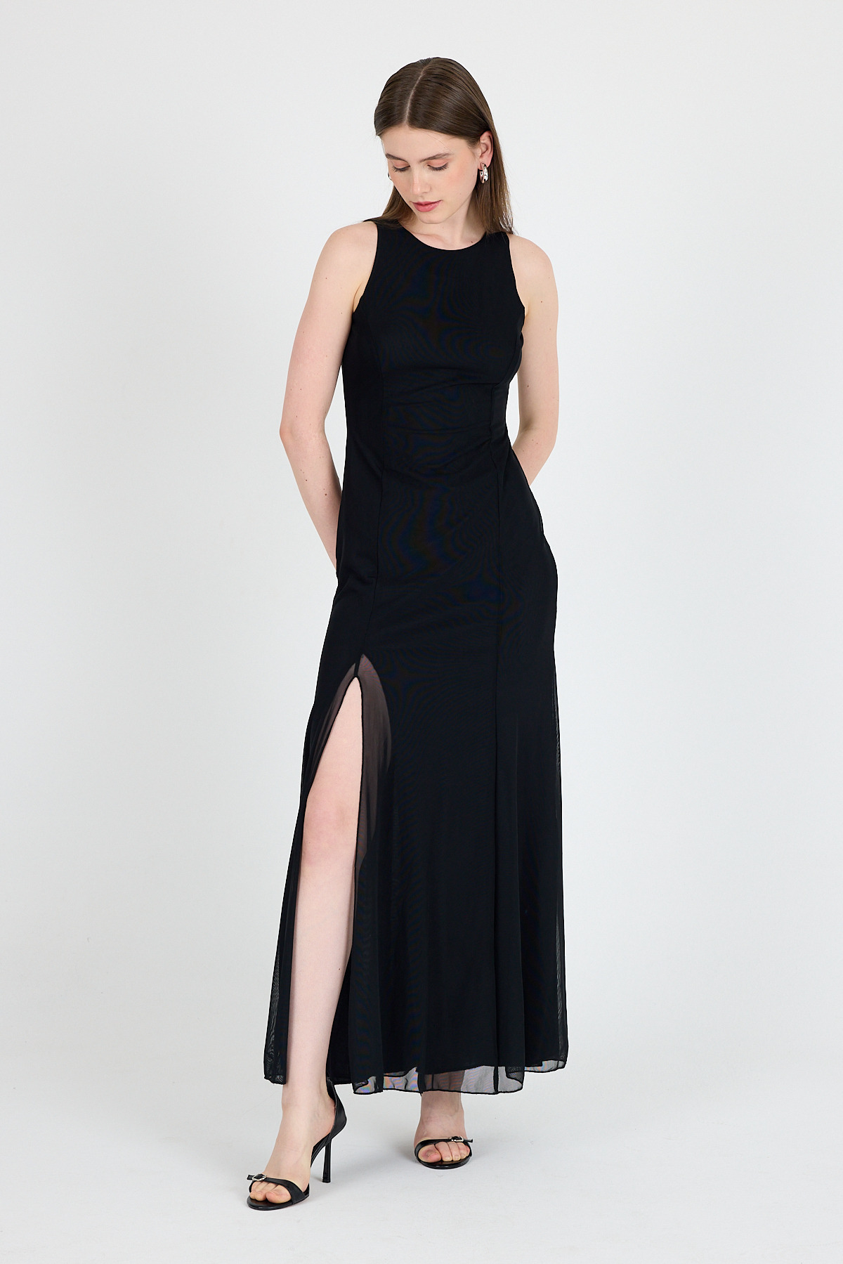 Siyah Yandan Yırtmaçlı Tül Uzun Elbise 251657 - 6