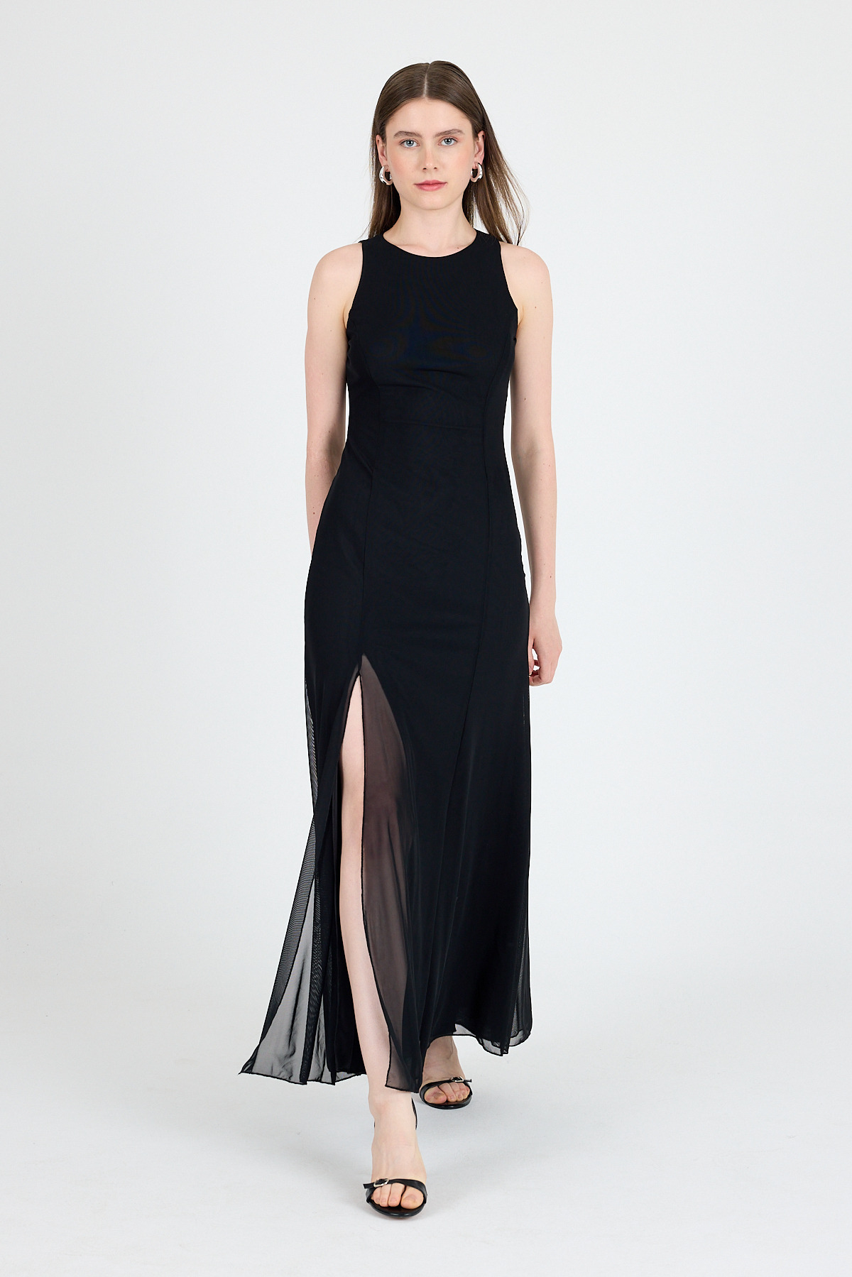 Siyah Yandan Yırtmaçlı Tül Uzun Elbise 251657 - 1